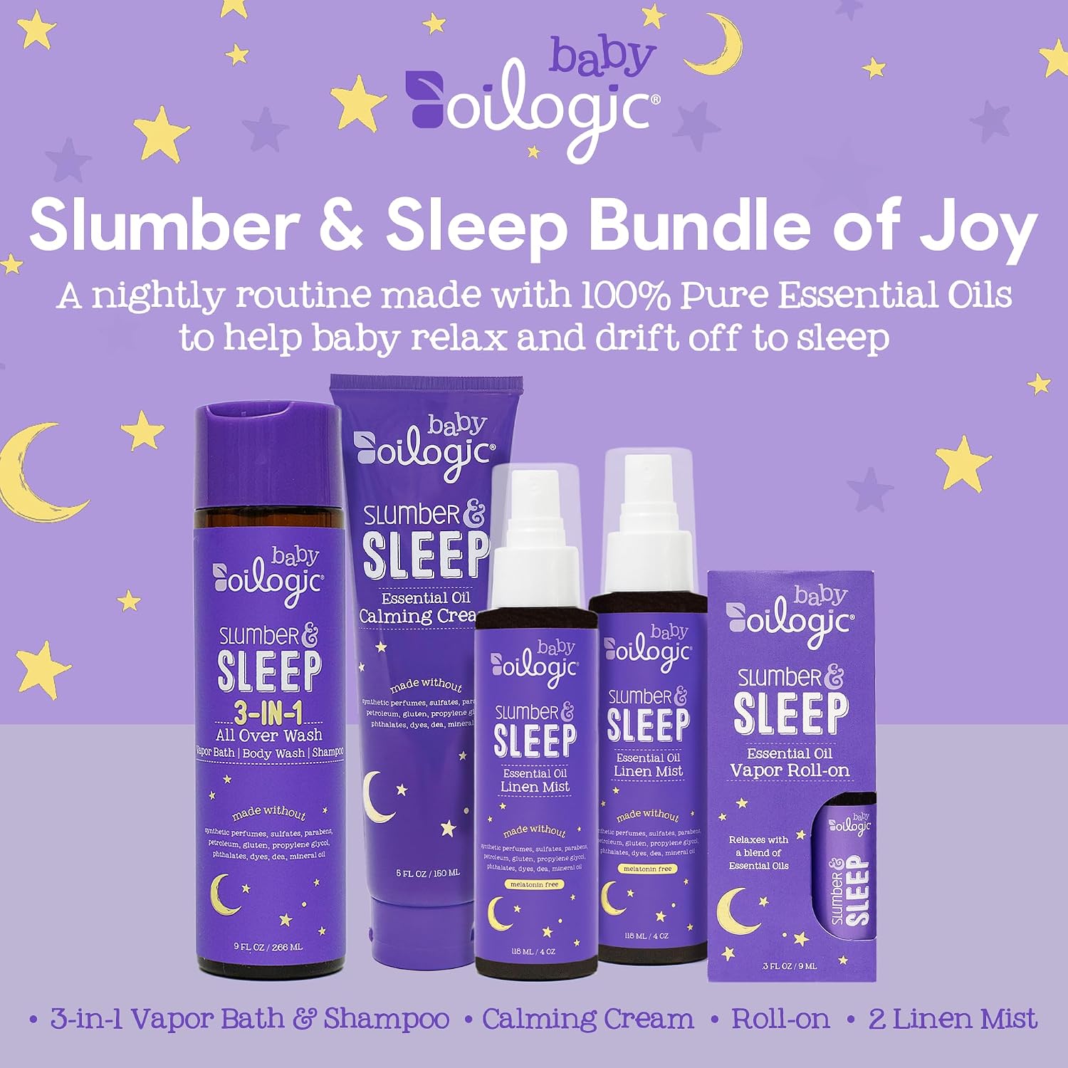 Oilogic Slumber & Sleep Bath Baby Essentials Gift Set - Baby Care Products | Gentle All Over Wash, Calming Cream, Sleep Spray & Roll-On Essential Oils - Pediatrician-Tested for Baby Sleep & Comfort