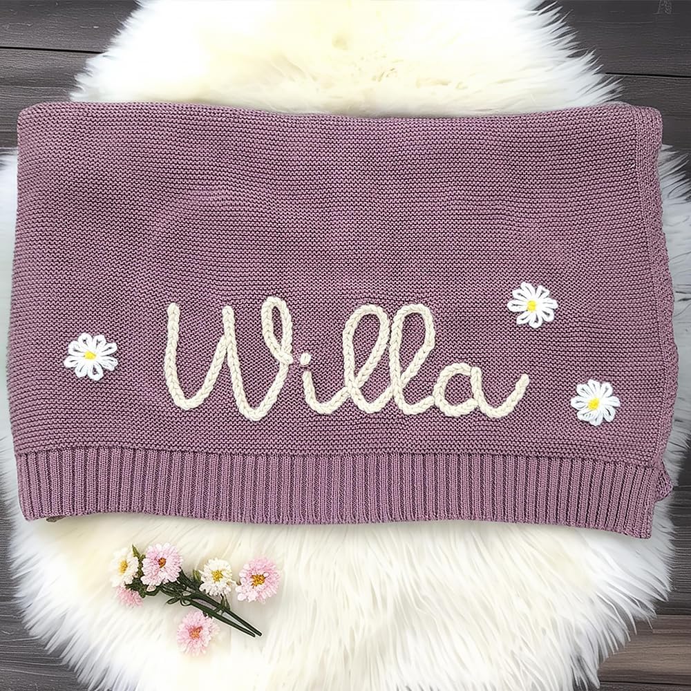 Luxury Personalized Name Baby Blanket, Hand-Embroidered Name Baby Blanket, Soft Breathable Cotton Knit Kids Blankets, Newborn Kid Gift, New Mom Gifts, Newborn Kids Girl & Boy Gift 10