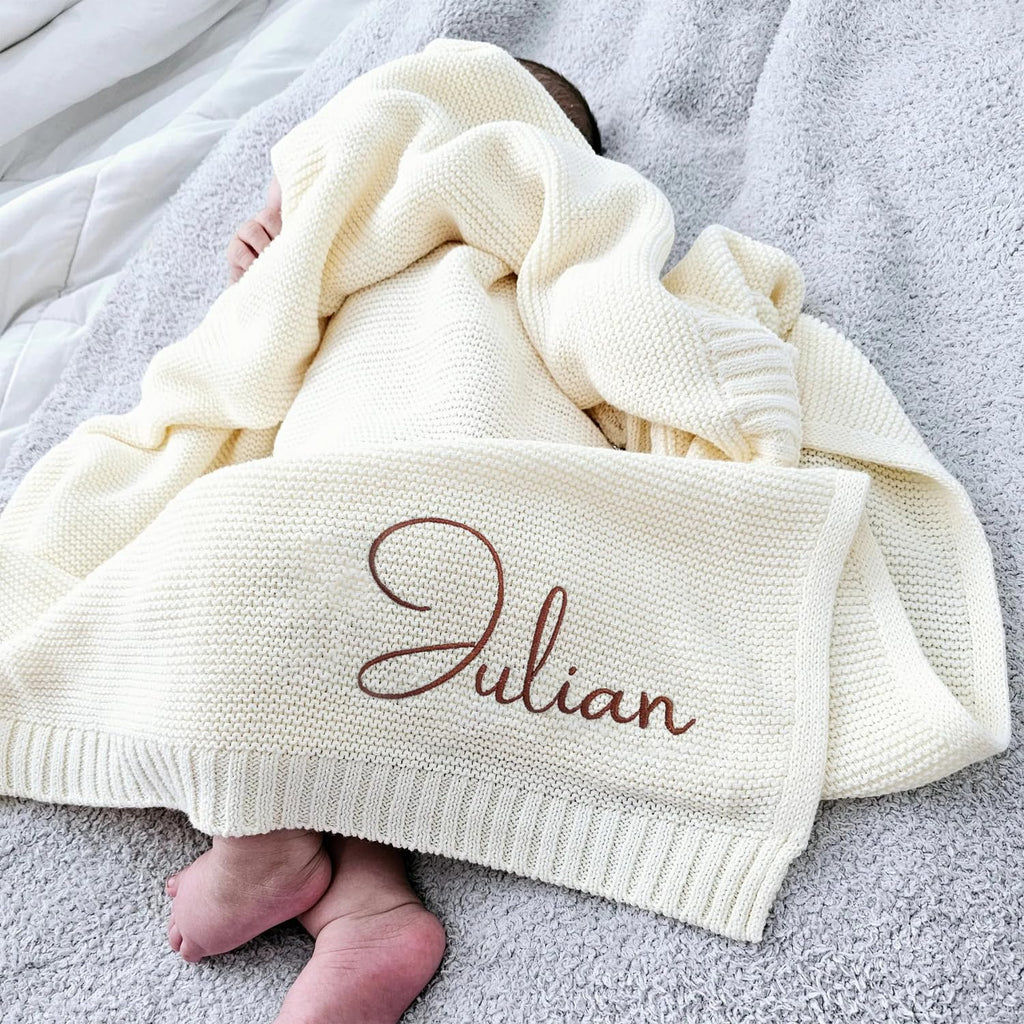 Luxury Personalized Name Baby Blanket, Hand-Embroidered Name Baby Blanket, Soft Breathable Cotton Knit Kids Blankets, Newborn Kid Gift, New Mom Gifts, Newborn Kids Girl & Boy Gift 10