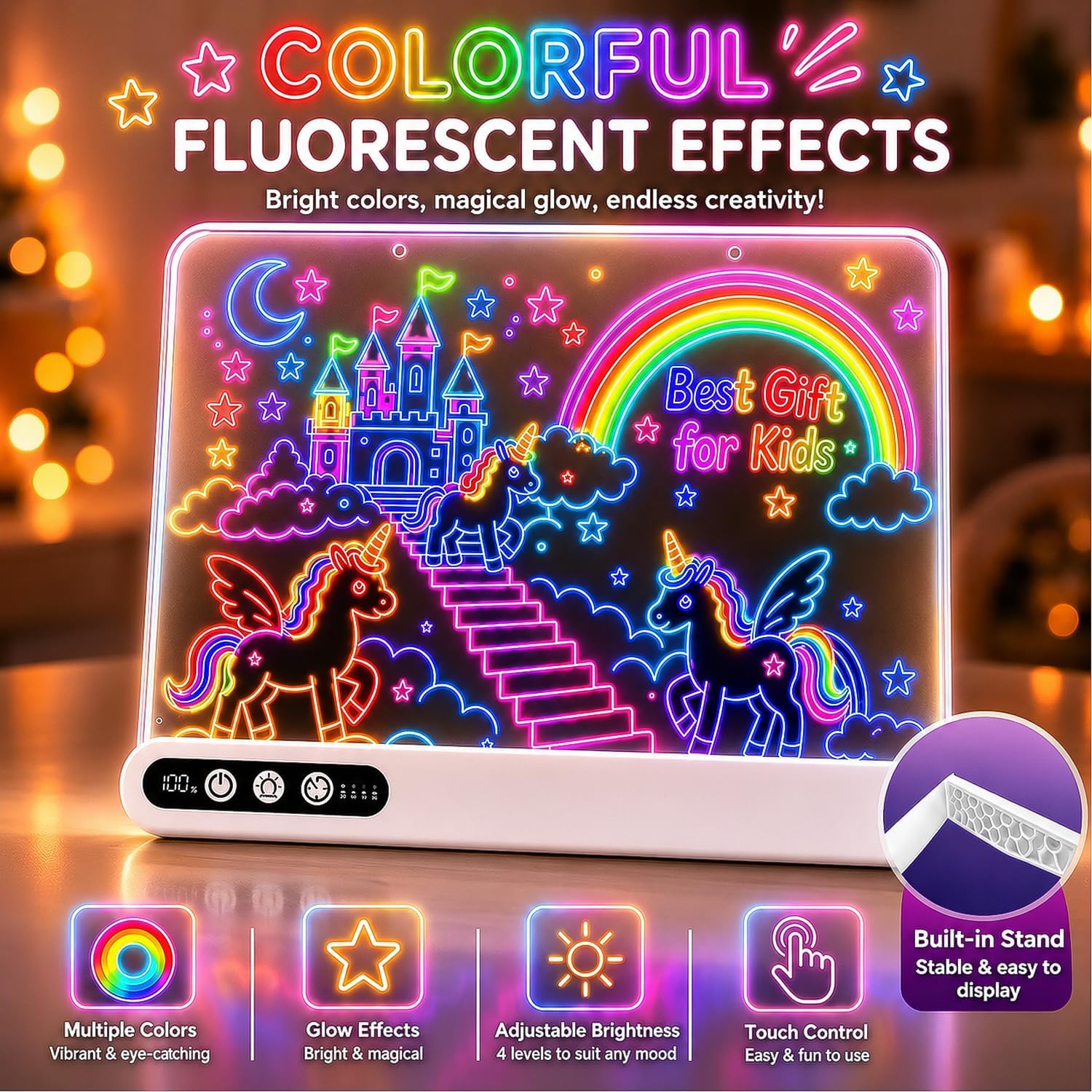 Led Drawing Board with 14 Light Effects,16" Rechargeable Glow Doodle Led Note Board with Colorful Markers,Neon Art Dry Erase Doodle Glow Drawing Tablet,Chritmas Birthday Festival Gifts for Kid (White)
