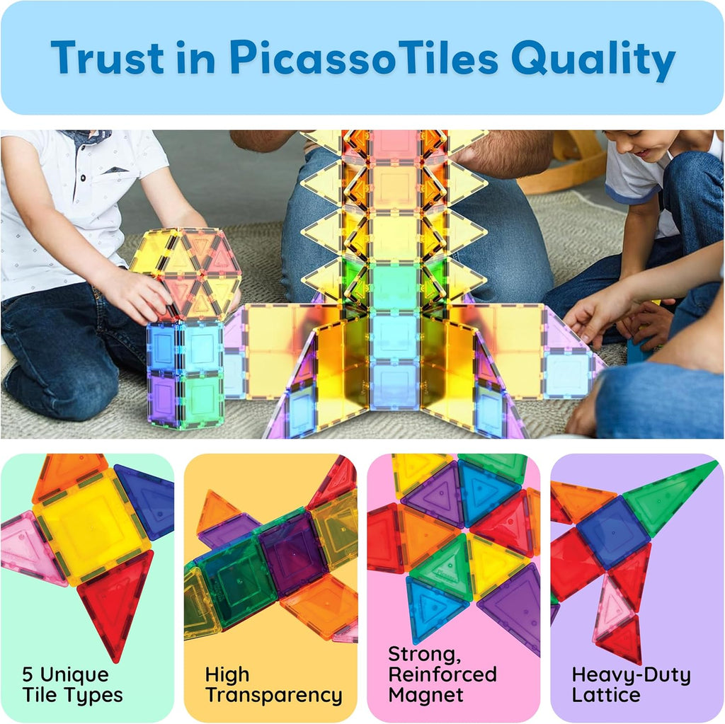 PicassoTiles 100 Piece Magnetic Tiles, Clear 3D Building Blocks for Kids 3+ | No-limit scalable builds, hands-on magnet polarity fun, family group play, quick assemble & store, shape & color recognition