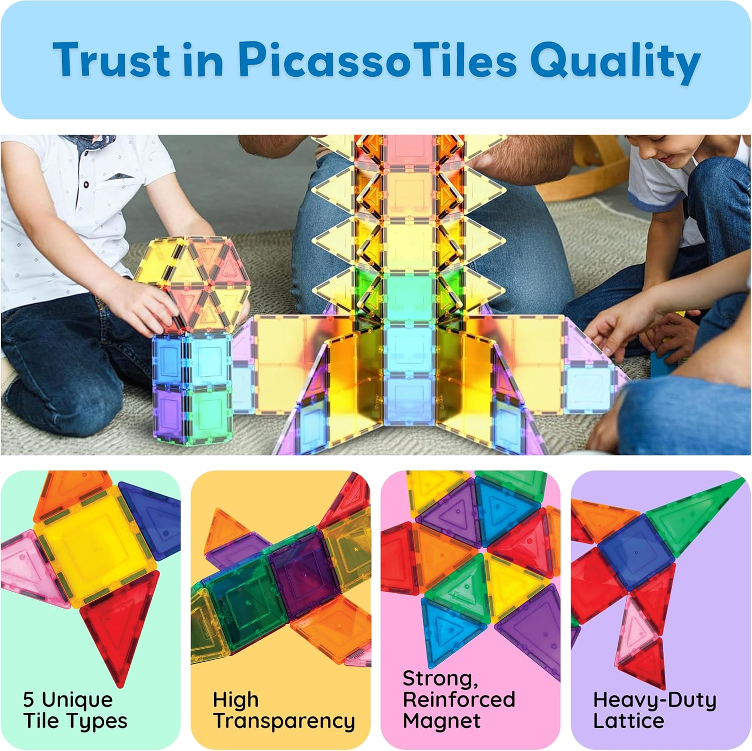 PicassoTiles 100 Piece Magnetic Tiles, Clear 3D Building Blocks for Kids 3+ | No-limit scalable builds, hands-on magnet polarity fun, family group play, quick assemble & store, shape & color recognition