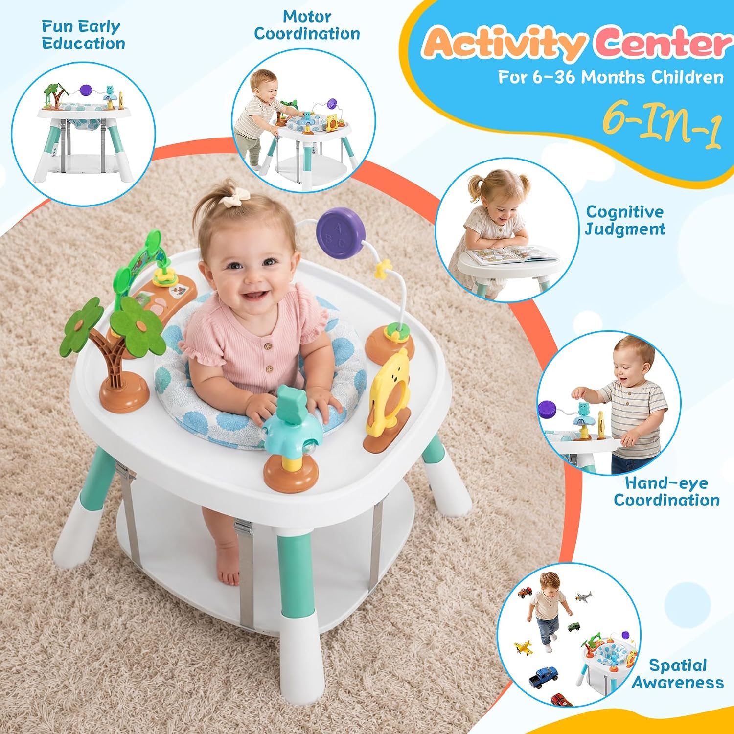 6-in-1 Baby Activity Center Stationary Standing Activity Table Light White | Grows 6-12-36M! 4-Stage Montessori Secure-Snap Toys & Hidden Storage. Enjoy 20-min Coffee Time While Toddler Plays Safely.
