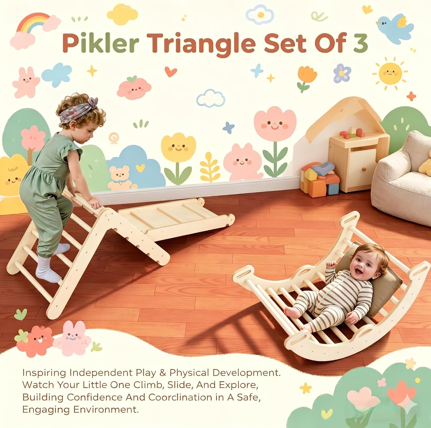 Pikler Triangle Set Montessori: Solid Wood Indoor Climbing Gym with Climbing Ramp Arch Slide for Toddlers Kids Home Playground 1-6 Years