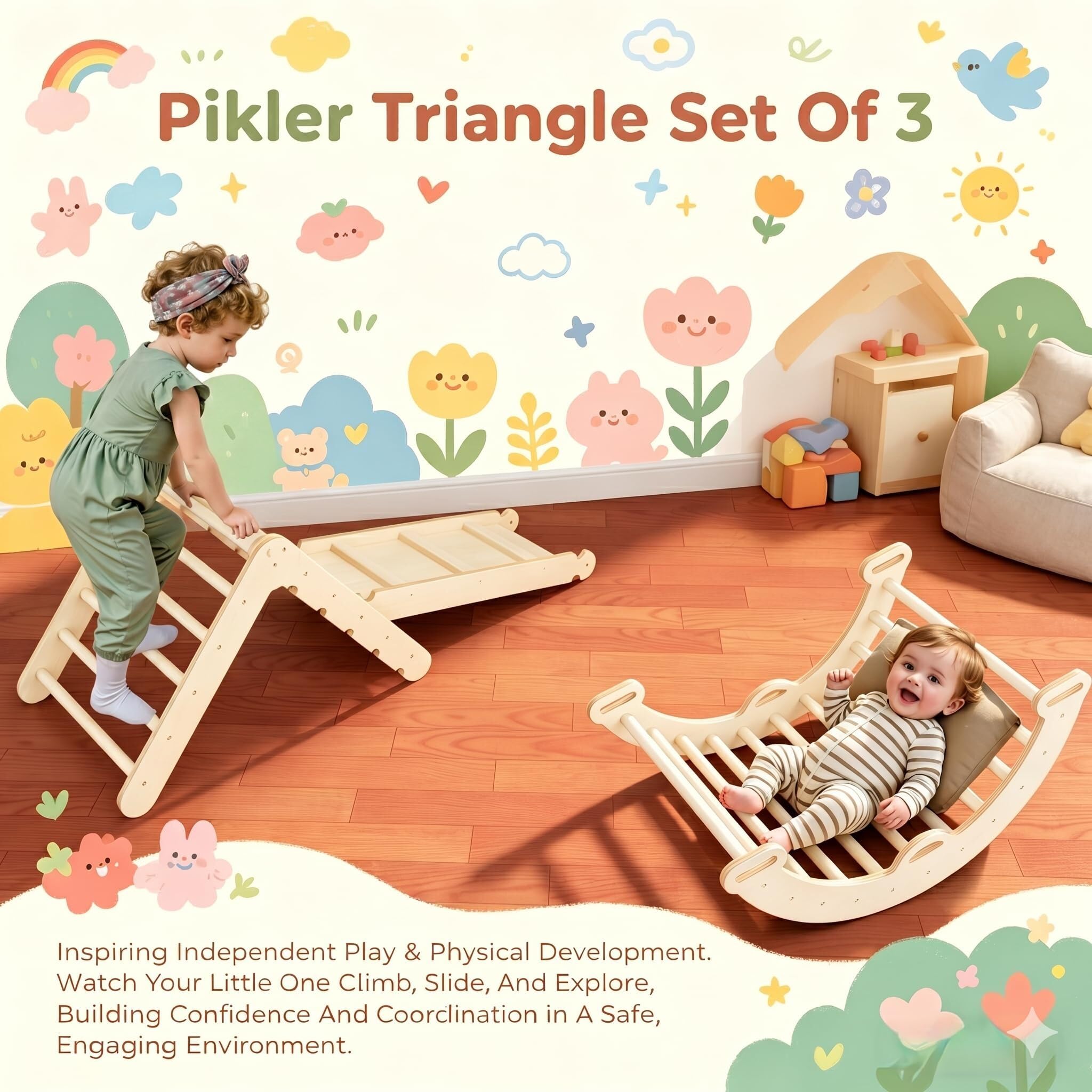 Pikler Triangle Set Montessori: Solid Wood Indoor Climbing Gym with Climbing Ramp Arch Slide for Toddlers Kids Home Playground 1-6 Years