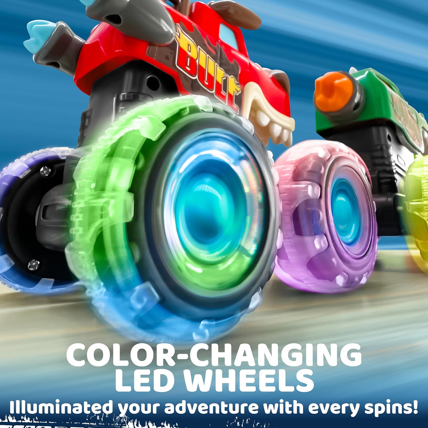 JOYIN 3 Pack Monster Truck Toy - Motion Activated Light Up Cars for Kids - Monster Glow Rover LED Wheels - Kids Boy Toys - Press and Go Dinosaur Trucks for Kids Boy Birthday Gifts