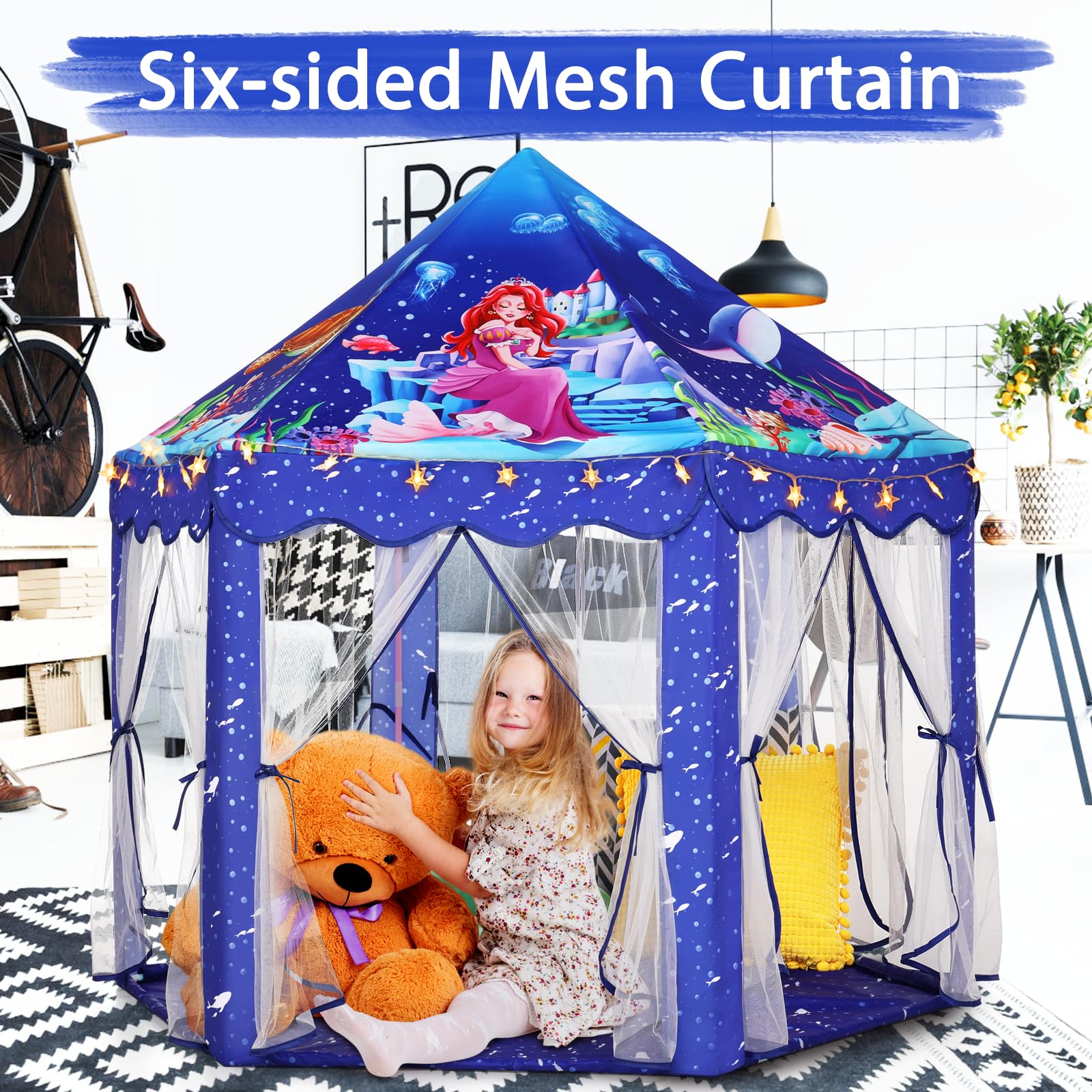 Princess Tent Girls Large Playhouse Kids Castle Play Tent with Star Lights Toy for Children Indoor and Outdoor Games, 55'' x 53'' (DxH)