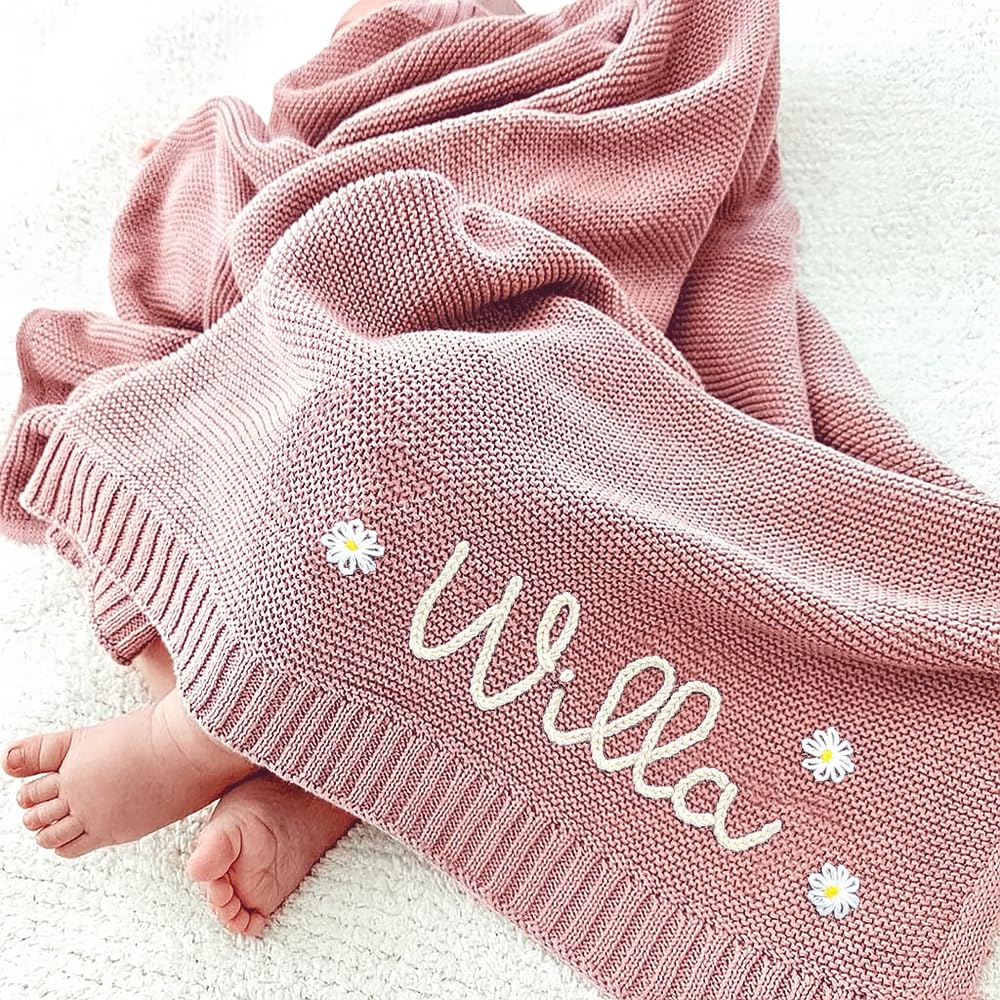 Luxury Personalized Name Baby Blanket, Hand-Embroidered Name Baby Blanket, Soft Breathable Cotton Knit Kids Blankets, Newborn Kid Gift, New Mom Gifts, Newborn Kids Girl & Boy Gift 10