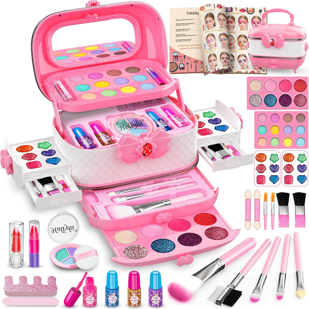 Hollyhi 58 Pcs Kids Makeup Toys Kit for Girls, Real Washable Make Up Set