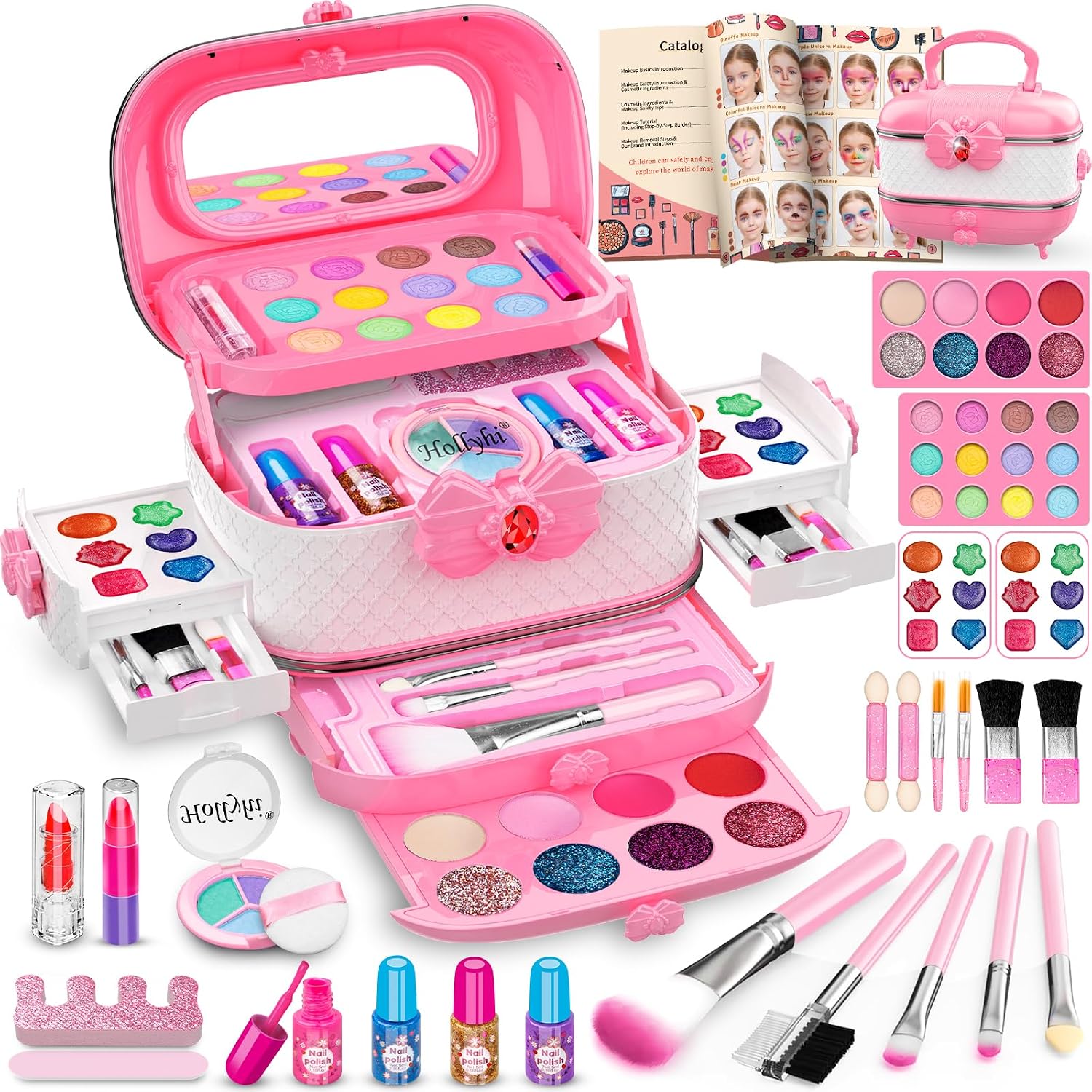 Hollyhi 58 Pcs Kids Makeup Toys Kit for Girls, Real Washable Make Up Set