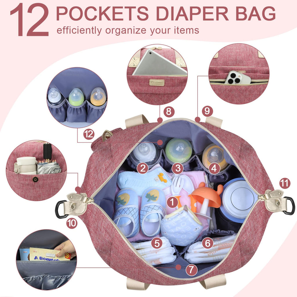 Pritent Diaper Bag Tote Waterproof Maternity Baby Bags with Pacifier Case | M-Black,Removable Shoulder Strap, Stroller Clips,Insulated Pocket,for Mom & Dad, Travel, Maternity, Labor and Delivery