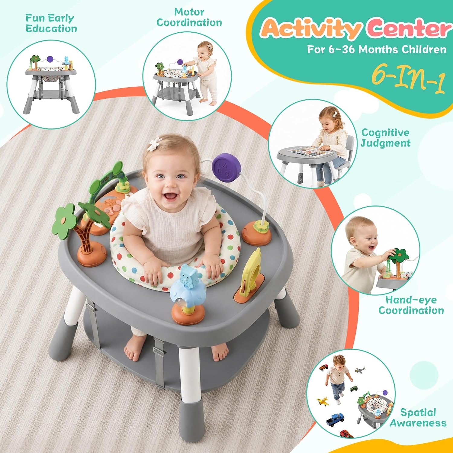 6-in-1 Baby Activity Center Stationary Standing Activity Table Light White | Grows 6-12-36M! 4-Stage Montessori Secure-Snap Toys & Hidden Storage. Enjoy 20-min Coffee Time While Toddler Plays Safely.