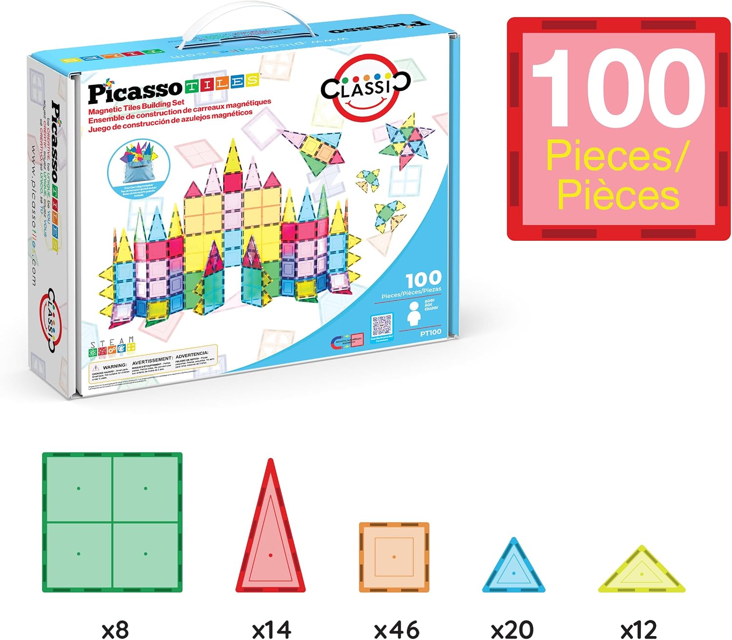 PicassoTiles 100 Piece Magnetic Tiles, Clear 3D Building Blocks for Kids 3+ | No-limit scalable builds, hands-on magnet polarity fun, family group play, quick assemble & store, shape & color recognition