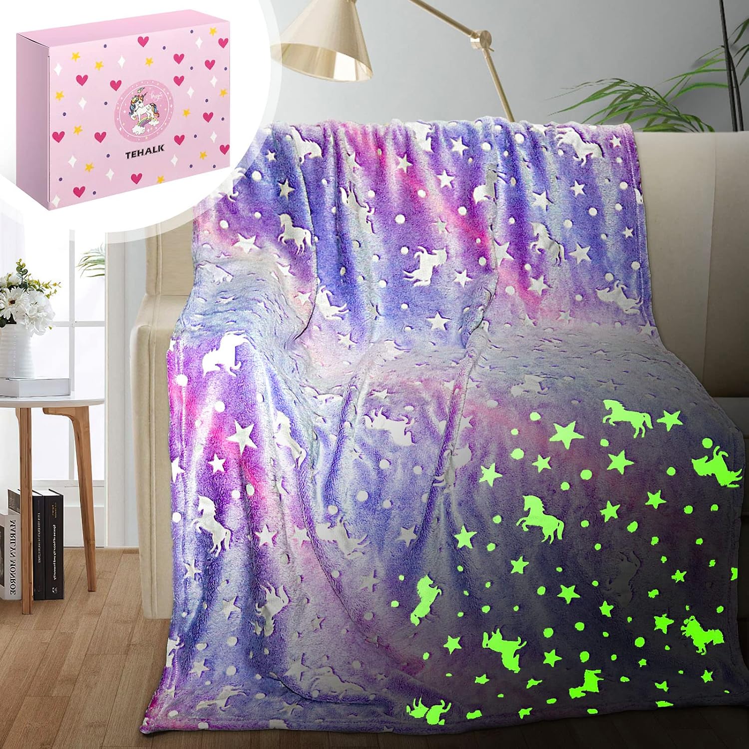 TEHALK Unicorn Glow in The Dark Blanket, Unicorn Blanket for Girls/Kids, Unicorns Gifts for Girls Age 3-12, Toddler Blanket for Kids, Soft Fleece Blanket Throw Birthday Gift 40"x60"