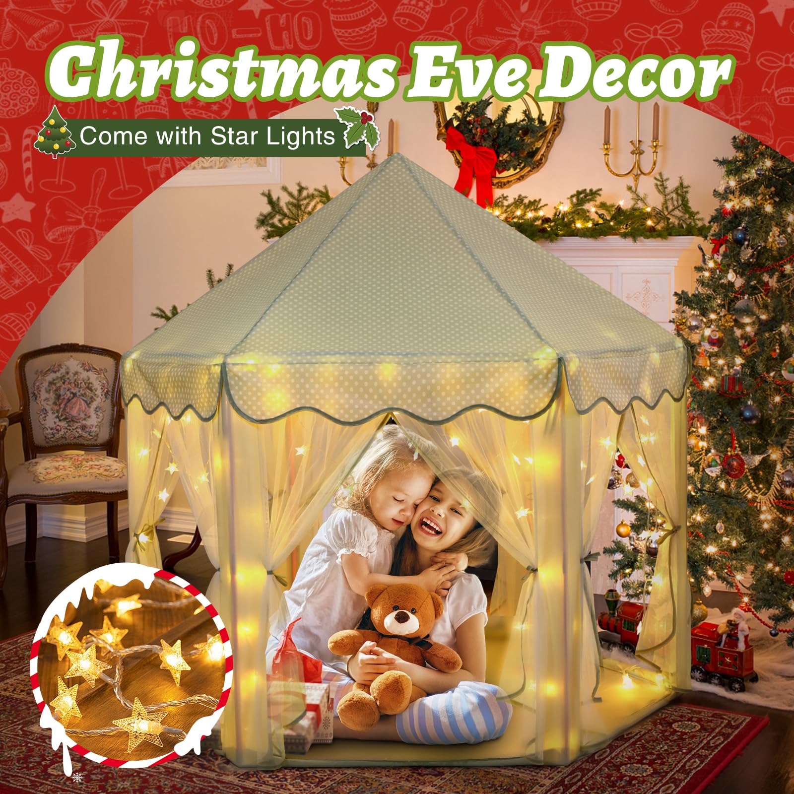 Princess Tent Girls Large Playhouse Kids Castle Play Tent with Star Lights Toy for Children Indoor and Outdoor Games, 55'' x 53'' (DxH)