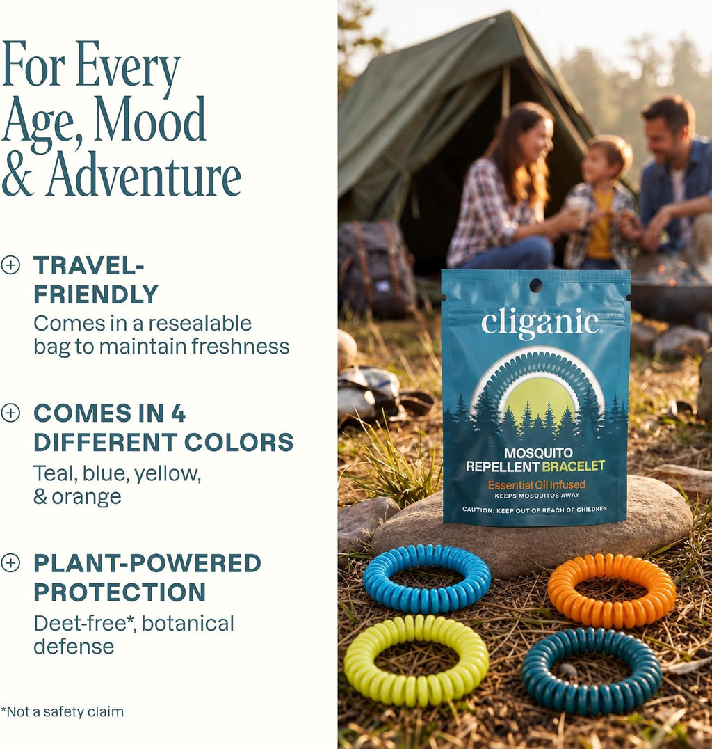 Cliganic 10 Pack Mosquito Repellent Bracelets for Adults & Kids - Natural DEET-Free Bands, Individually Wrapped