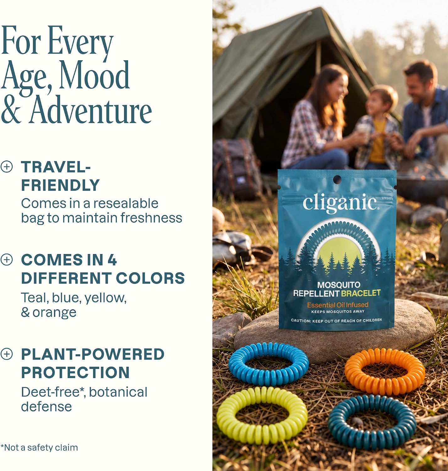 Cliganic 10 Pack Mosquito Repellent Bracelets for Adults & Kids - Natural DEET-Free Bands, Individually Wrapped