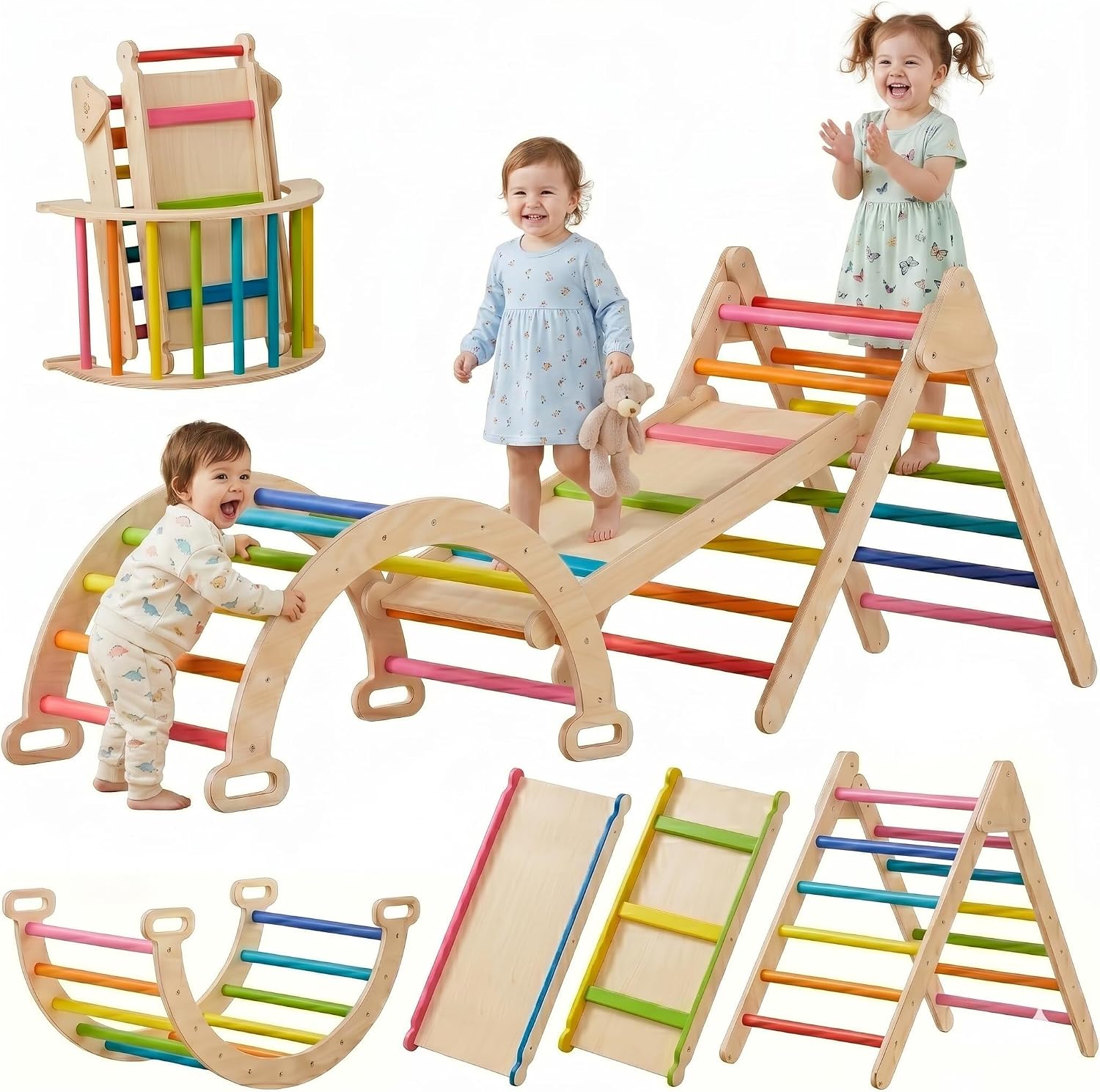Pikler Triangle Set Montessori: Solid Wood Indoor Climbing Gym with Climbing Ramp Arch Slide for Toddlers Kids Home Playground 1-6 Years