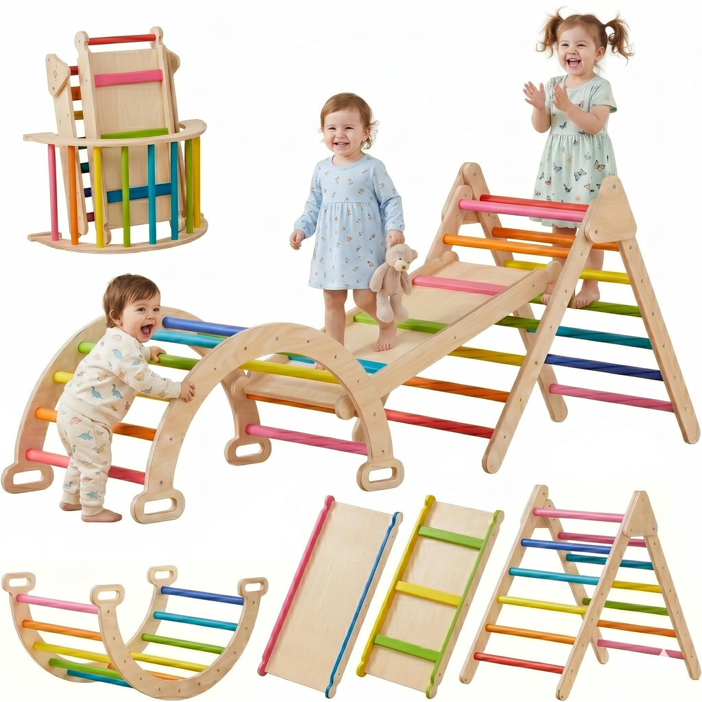 Pikler Triangle Set Montessori: Solid Wood Indoor Climbing Gym with Climbing Ramp Arch Slide for Toddlers Kids Home Playground 1-6 Years