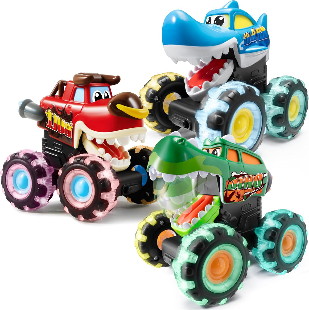 JOYIN 3 Pack Monster Truck Toy - Motion Activated Light Up Cars for Kids - Monster Glow Rover LED Wheels - Kids Boy Toys - Press and Go Dinosaur Trucks for Kids Boy Birthday Gifts