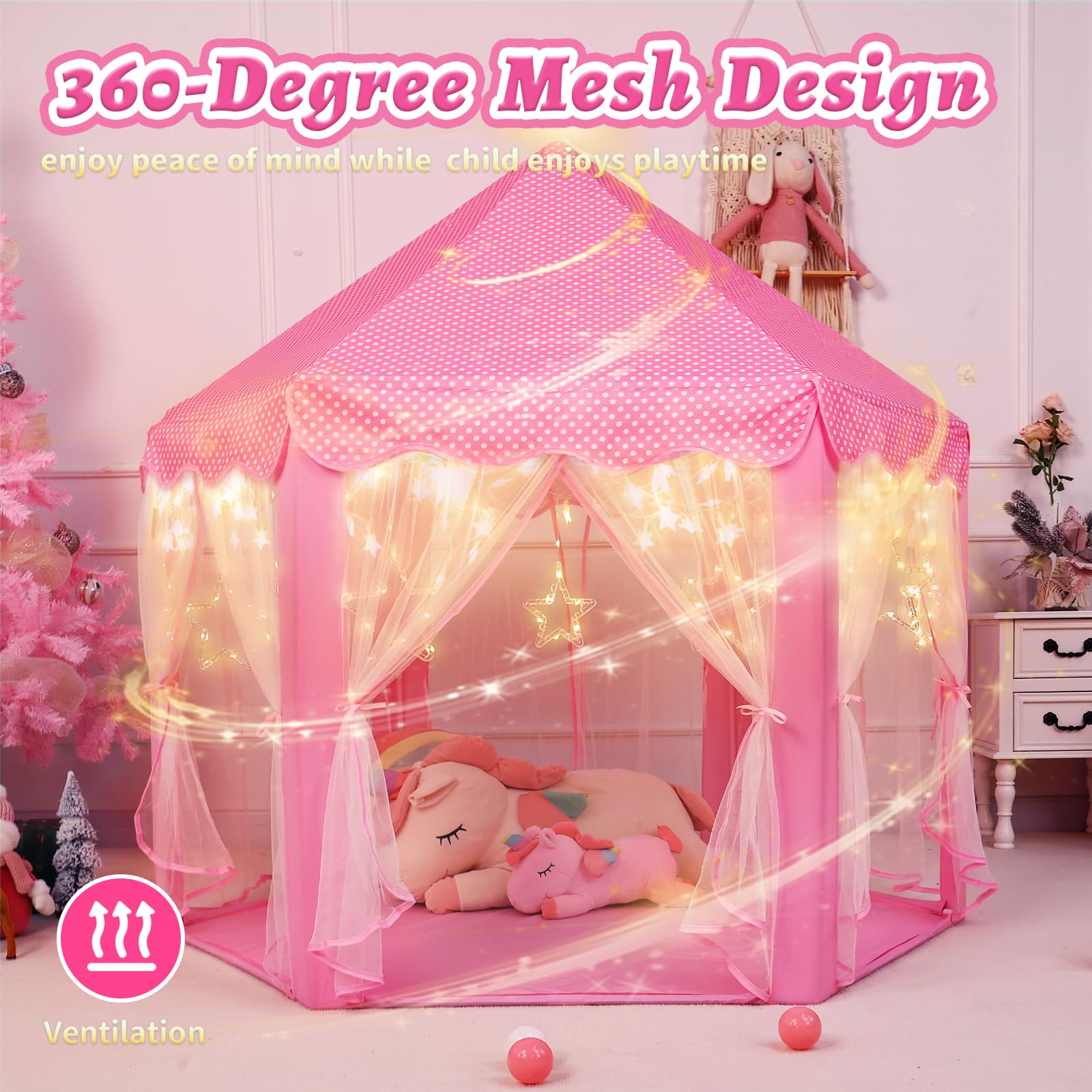 Princess Tent Girls Large Playhouse Kids Castle Play Tent with Star Lights Toy for Children Indoor and Outdoor Games, 55'' x 53'' (DxH)