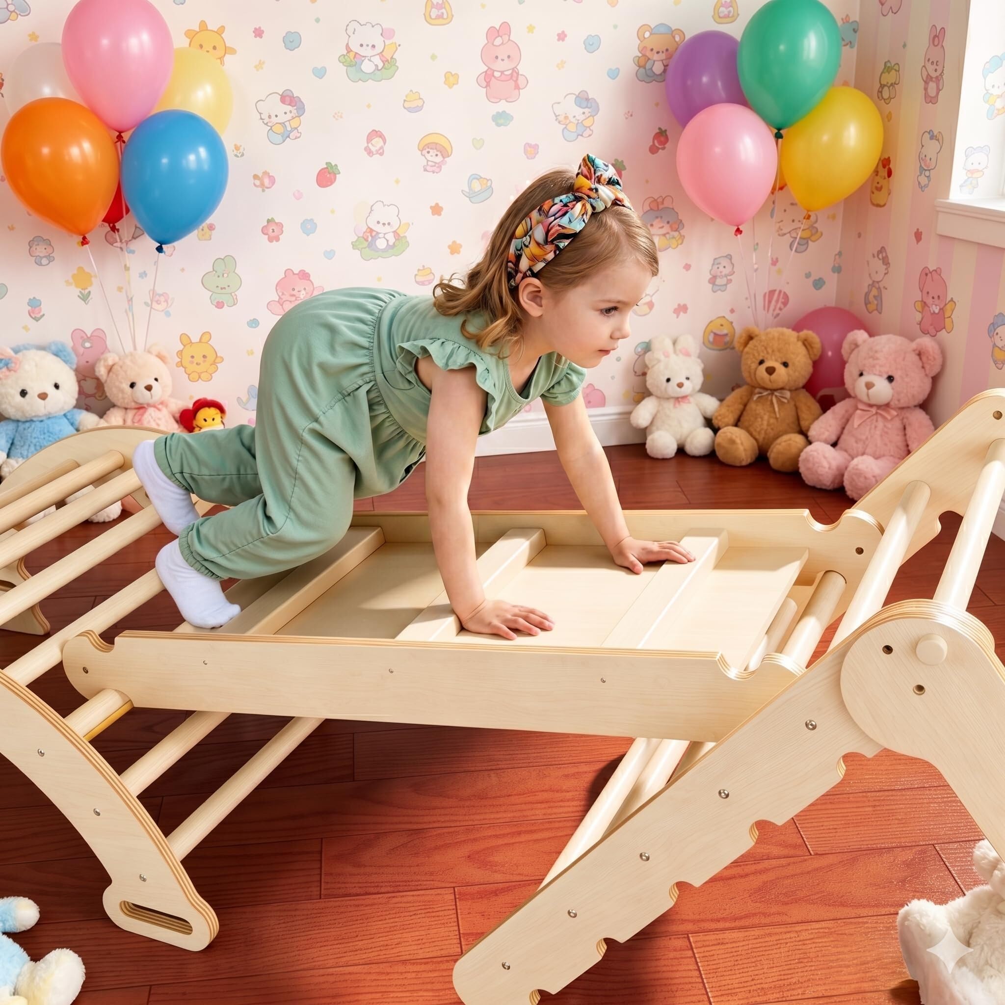 Pikler Triangle Set Montessori: Solid Wood Indoor Climbing Gym with Climbing Ramp Arch Slide for Toddlers Kids Home Playground 1-6 Years