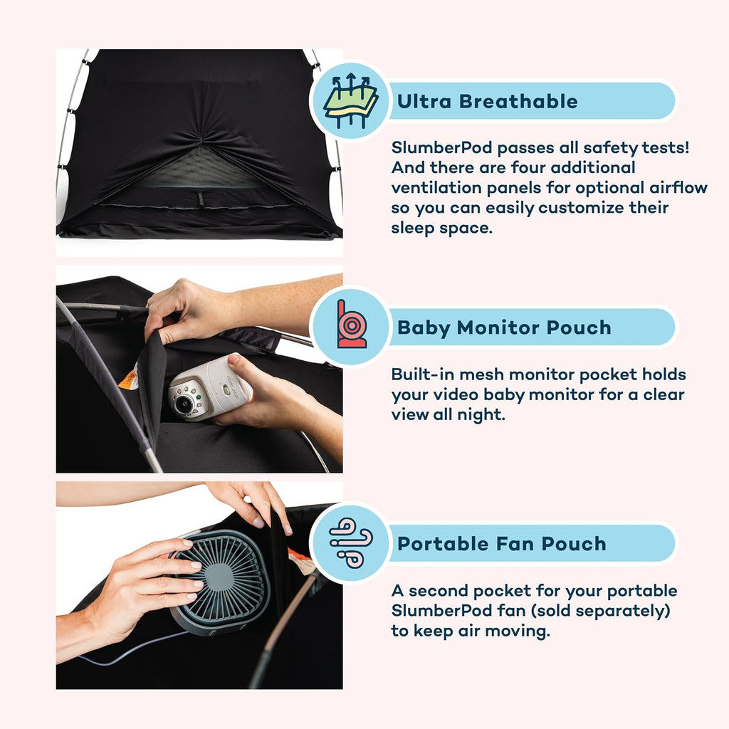 SlumberPod The Original Blackout Sleep Tent for Pack N Play & Mini Crib | Sleep Pod for Babies & Toddlers, Blocks 99% Light, Includes Monitor & Fan Pouches, Bottomless, Shark Tank Featured, Black