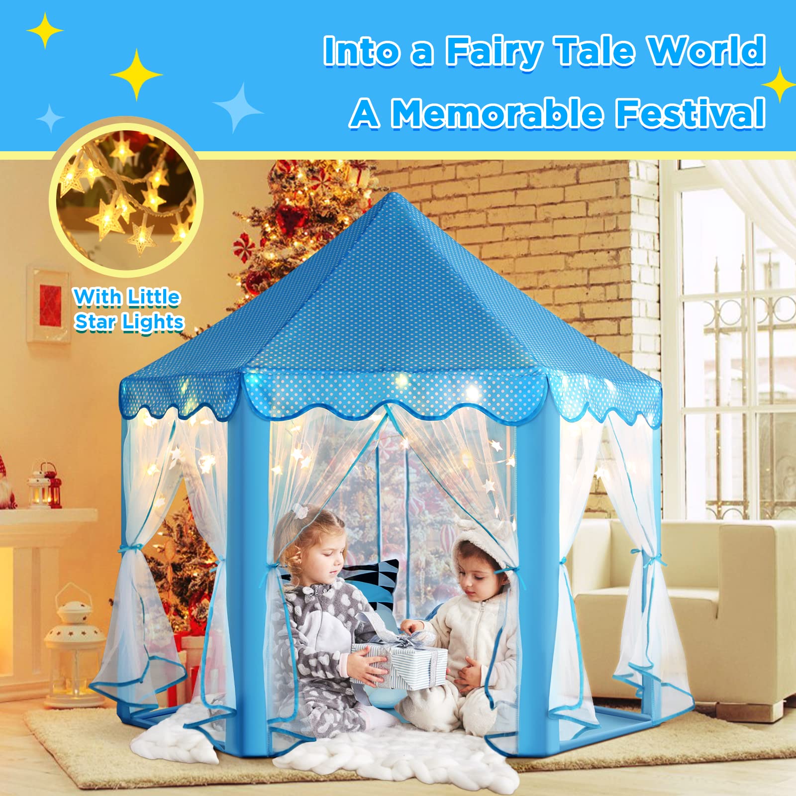 Princess Tent Girls Large Playhouse Kids Castle Play Tent with Star Lights Toy for Children Indoor and Outdoor Games, 55'' x 53'' (DxH)