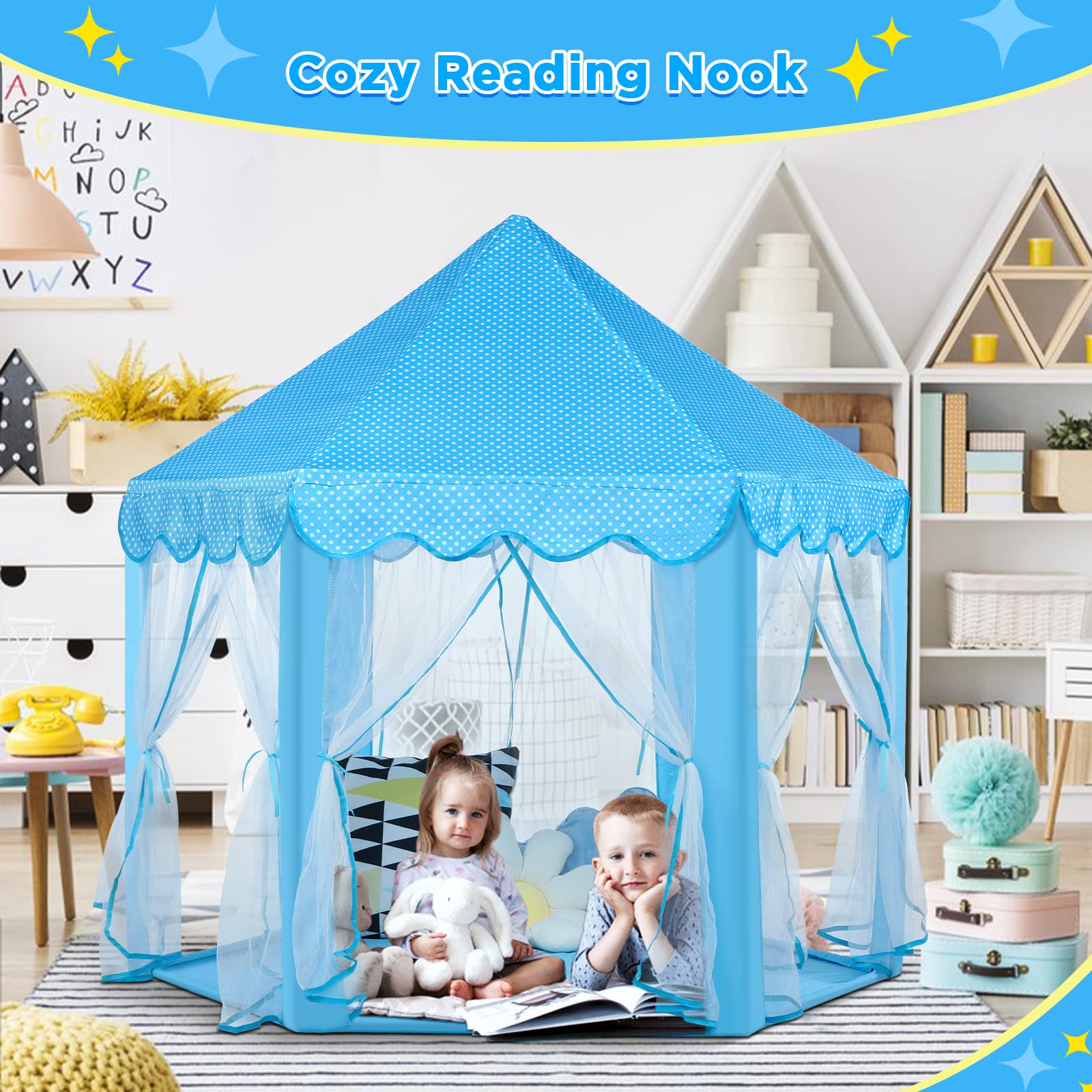 Princess Tent Girls Large Playhouse Kids Castle Play Tent with Star Lights Toy for Children Indoor and Outdoor Games, 55'' x 53'' (DxH)