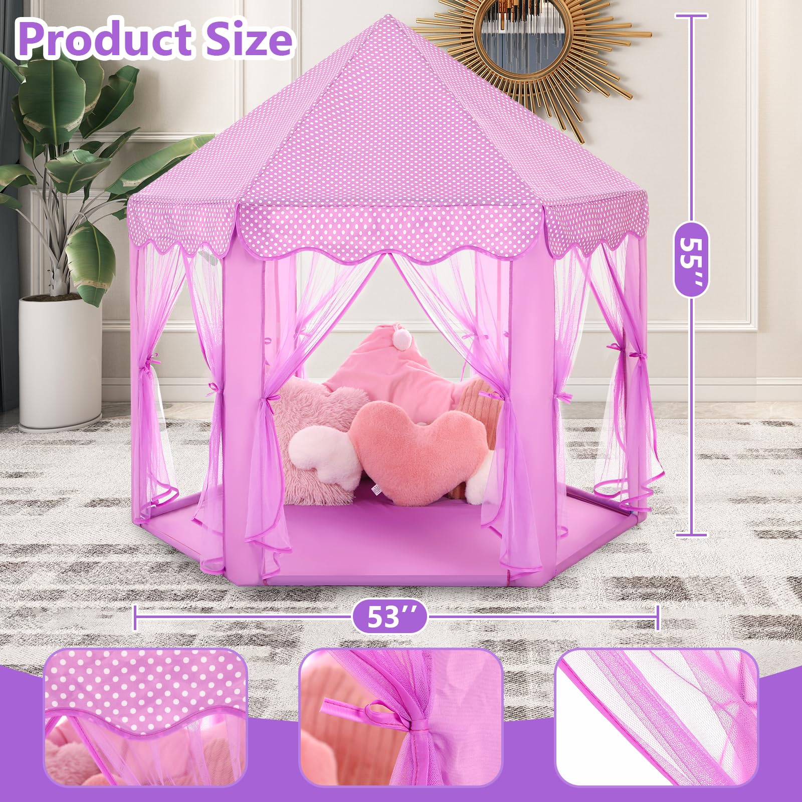 Princess Tent Girls Large Playhouse Kids Castle Play Tent with Star Lights Toy for Children Indoor and Outdoor Games, 55'' x 53'' (DxH)