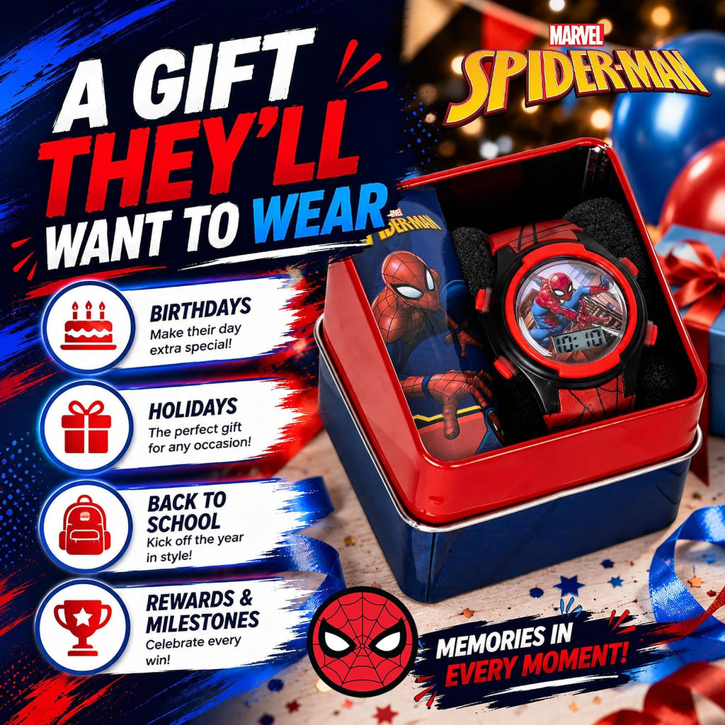 Marvel Spider-Man Kids Watches – Digital Display, Interactive Features, Adjustable Strap, Vibrant Spider-Man Graphics, Durable for Active Kids