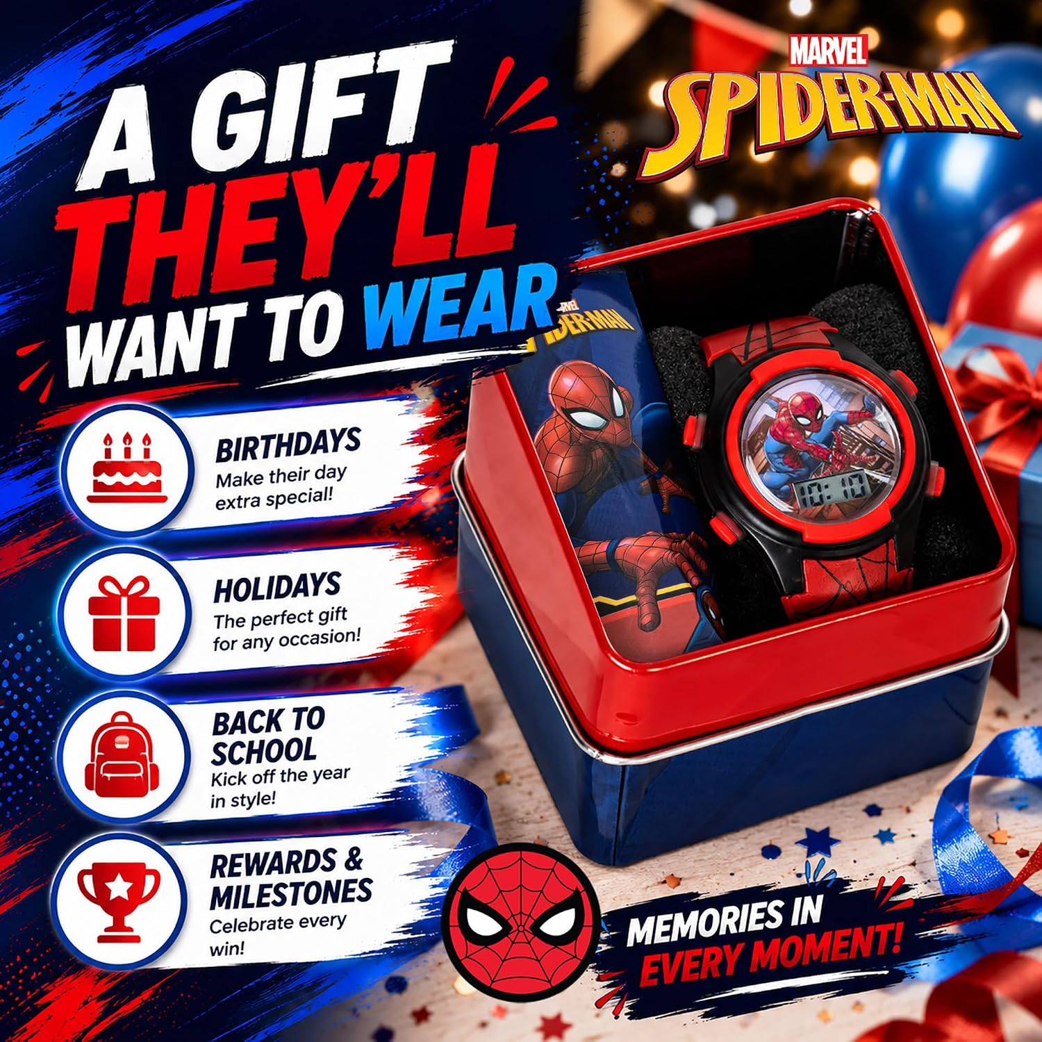 Marvel Spider-Man Kids Watches – Digital Display, Interactive Features, Adjustable Strap, Vibrant Spider-Man Graphics, Durable for Active Kids