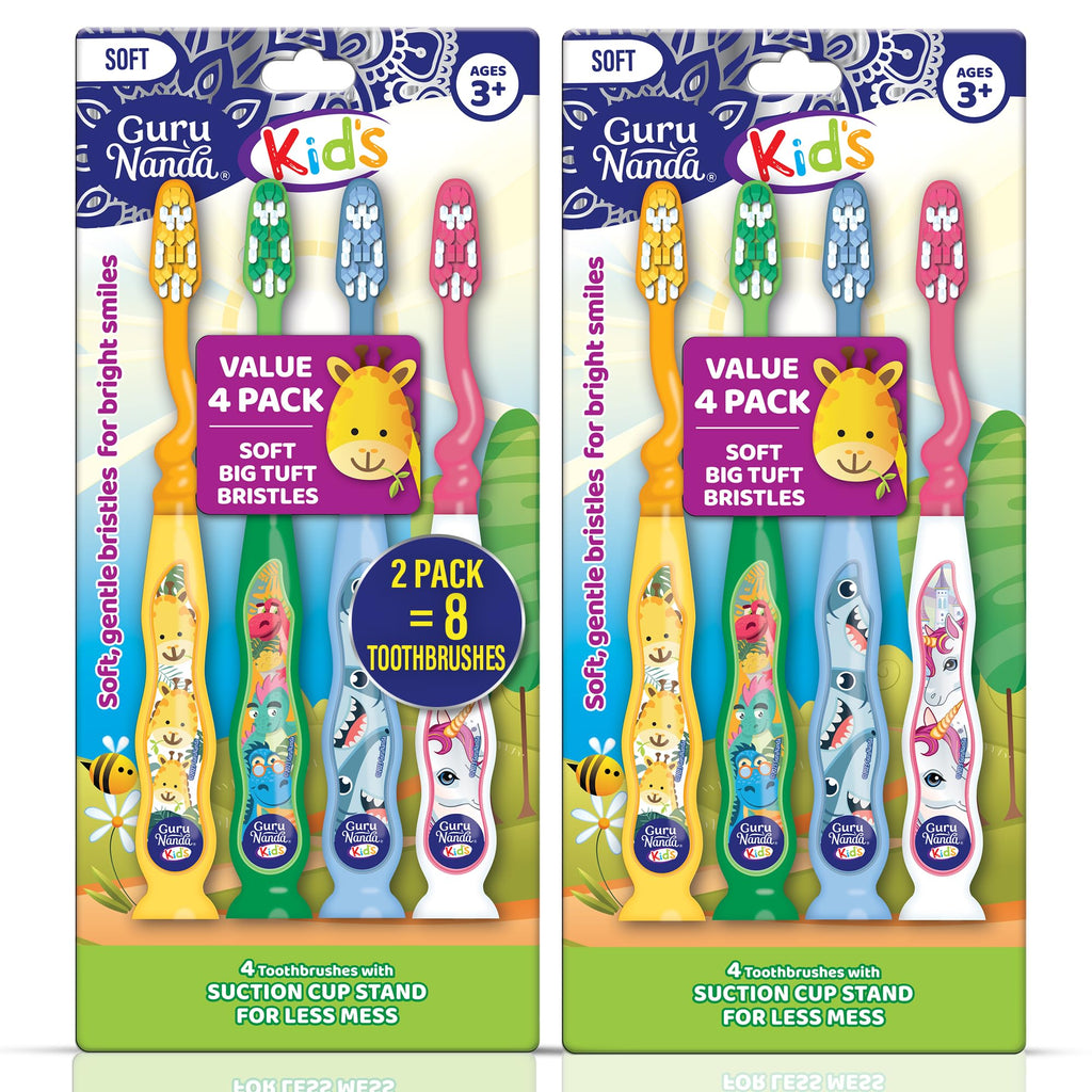 GuruNanda Kids Toothbrush with Suction Cup & Fun Animal Designs - Soft Bristles for Healthy Gums- Non-Slippery & Mess-Free Toothbrush, 3+ Age- 4 Count