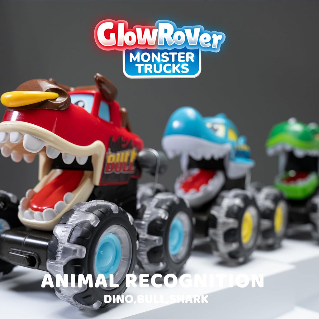 JOYIN 3 Pack Monster Truck Toy - Motion Activated Light Up Cars for Kids - Monster Glow Rover LED Wheels - Kids Boy Toys - Press and Go Dinosaur Trucks for Kids Boy Birthday Gifts