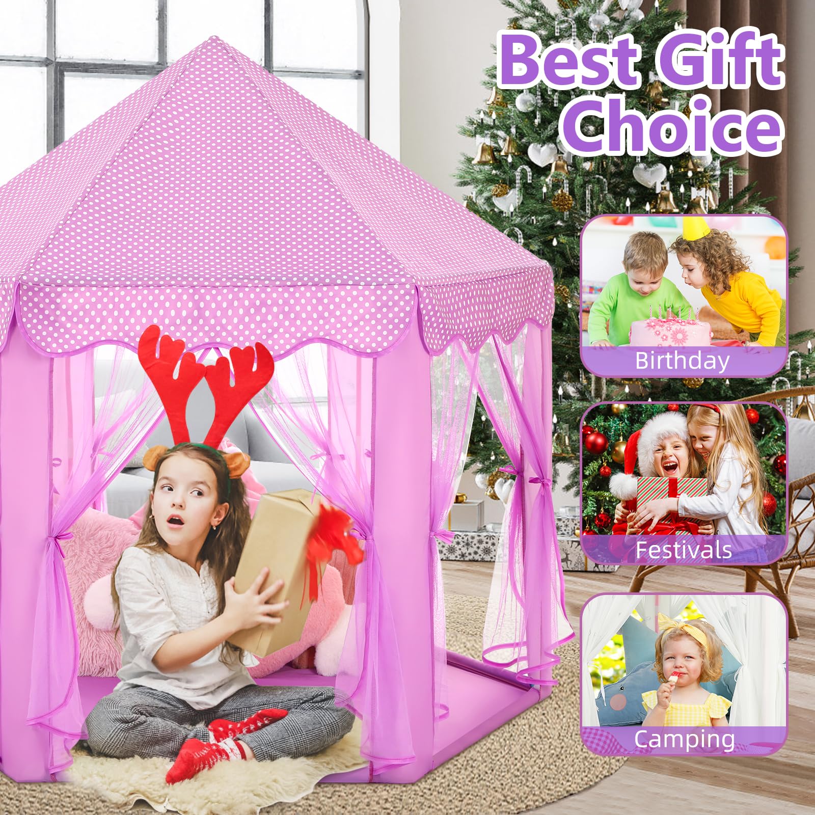 Princess Tent Girls Large Playhouse Kids Castle Play Tent with Star Lights Toy for Children Indoor and Outdoor Games, 55'' x 53'' (DxH)