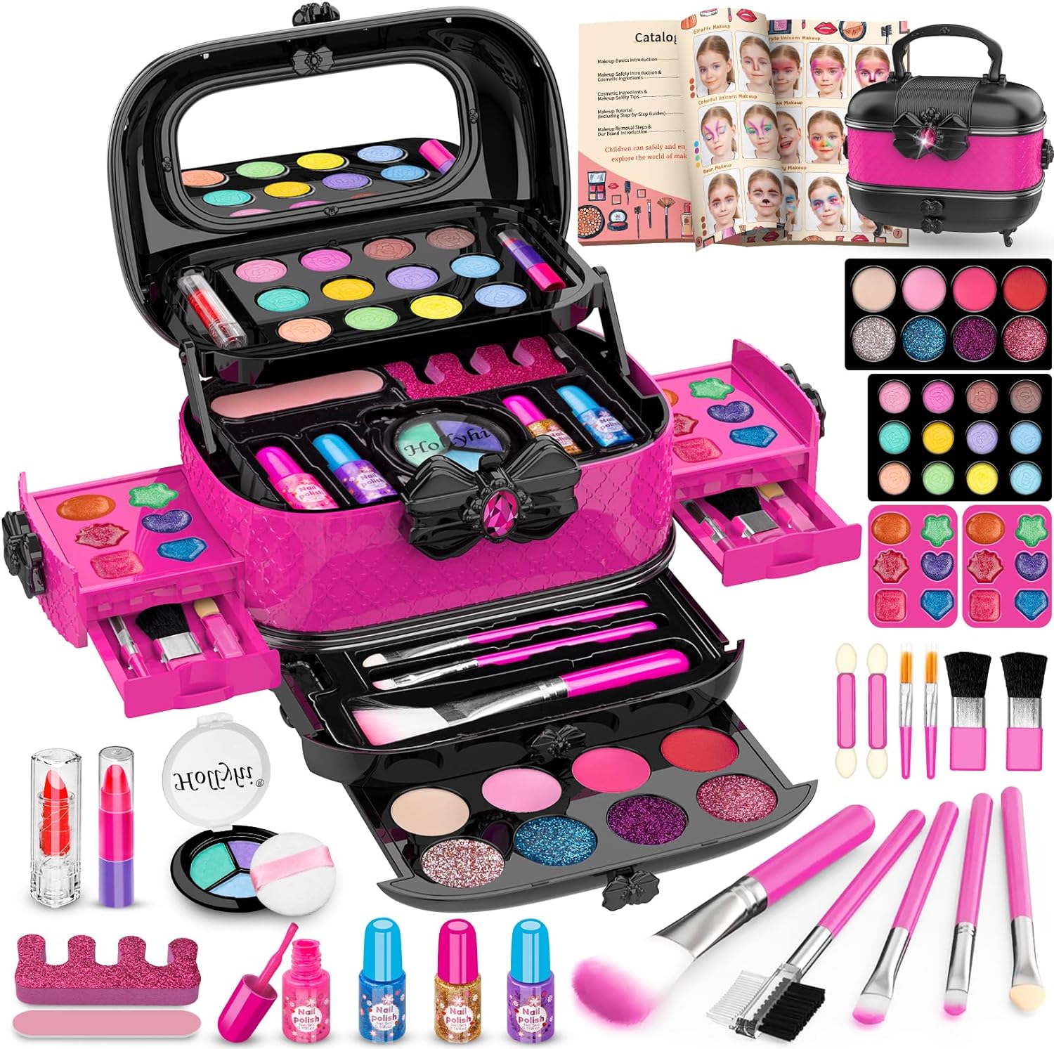 Hollyhi 58 Pcs Kids Makeup Toys Kit for Girls, Real Washable Make Up Set