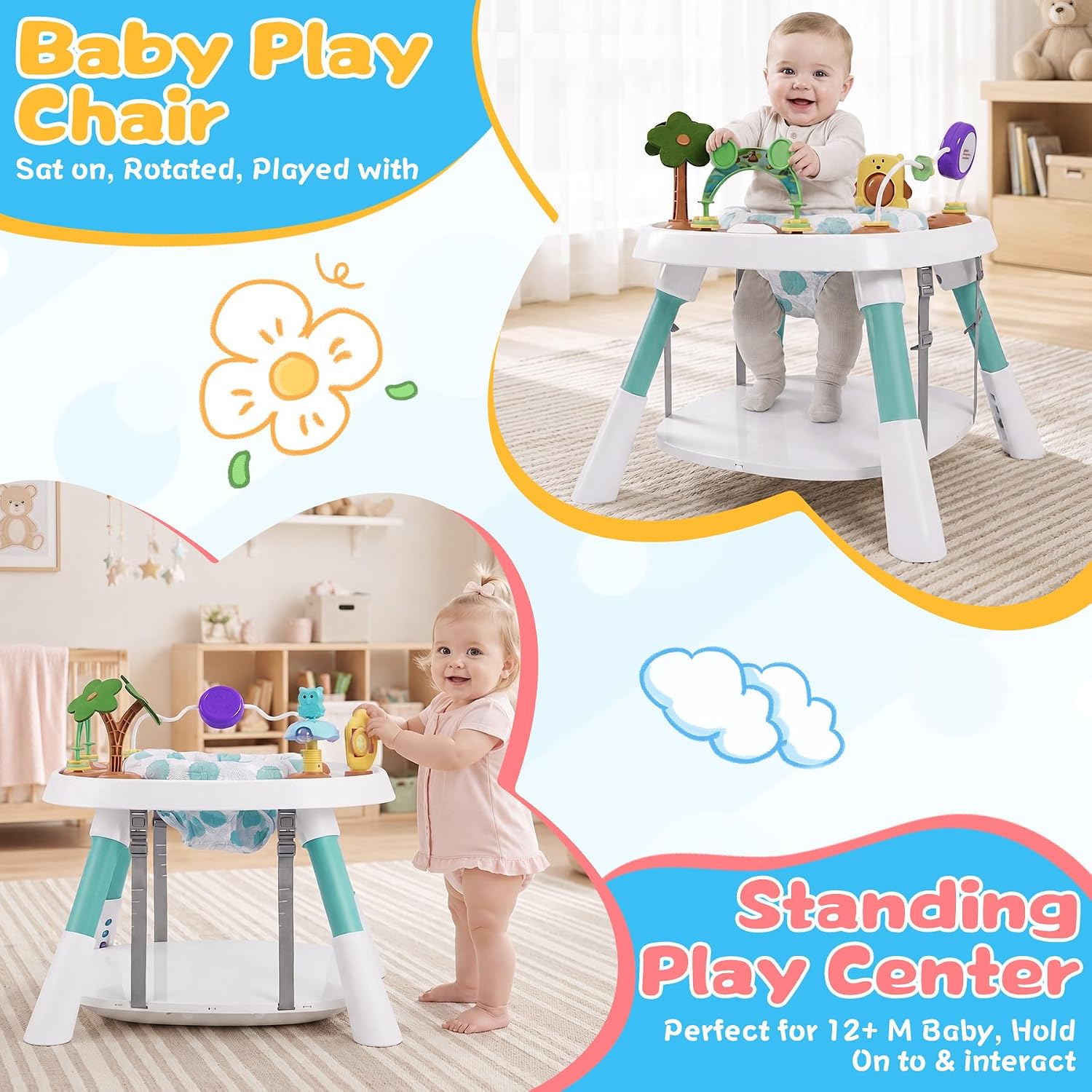 6-in-1 Baby Activity Center Stationary Standing Activity Table Light White | Grows 6-12-36M! 4-Stage Montessori Secure-Snap Toys & Hidden Storage. Enjoy 20-min Coffee Time While Toddler Plays Safely.