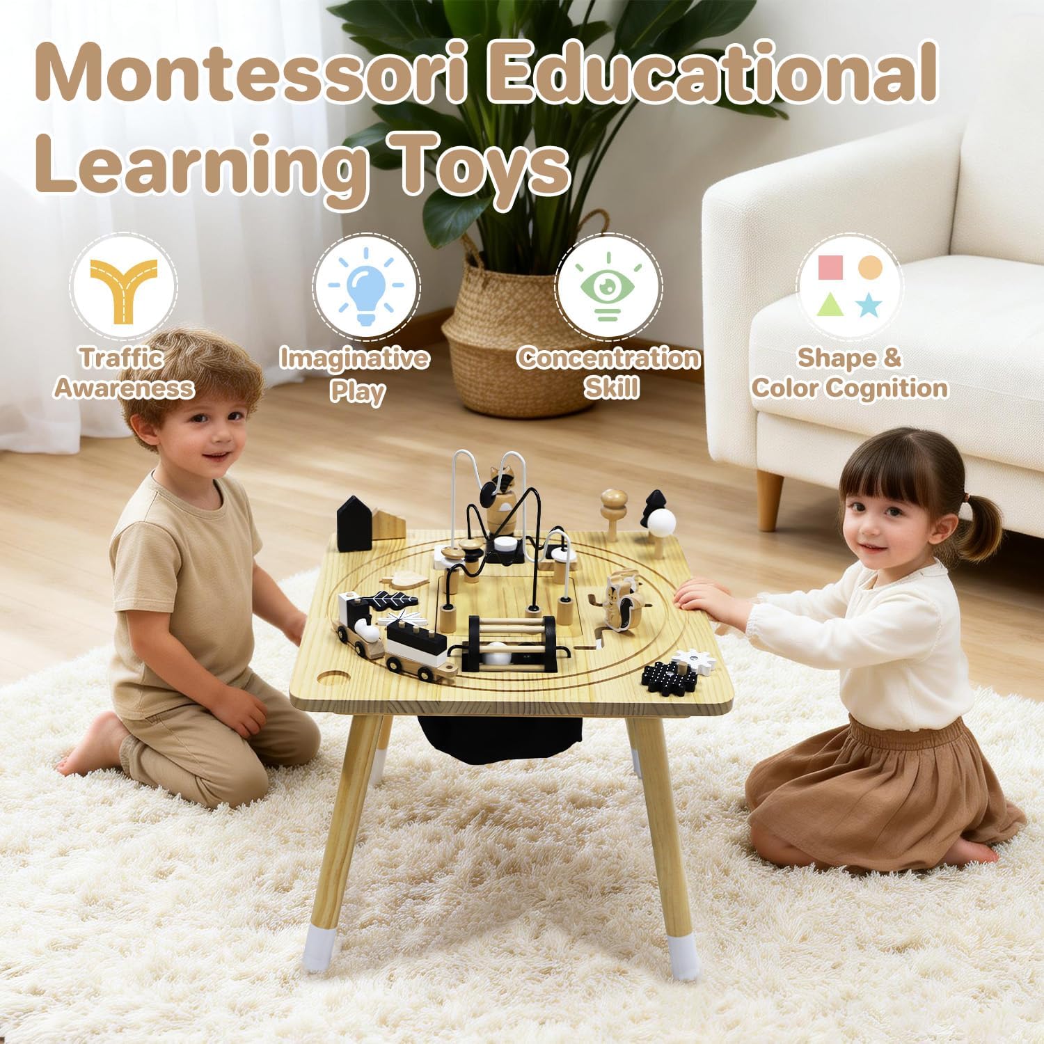 Wooden Montessori Activity Table for Toddlers 1-3, Kids Play Sensory Toy Table, Activity Center with Bead Maze, Shape Sorter, Train Track, Educational Learning Toys for Girls Boys