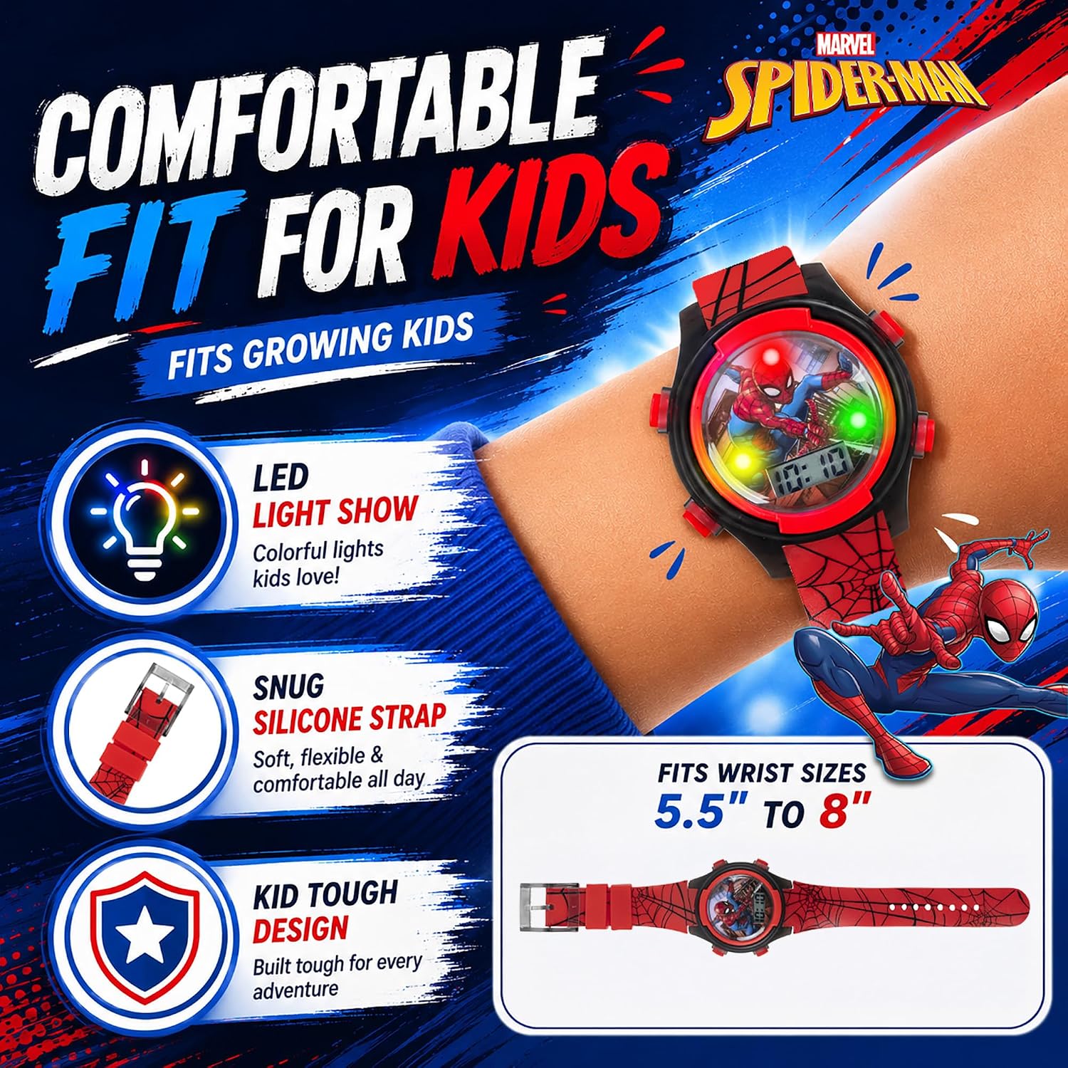 Marvel Spider-Man Kids Watches – Digital Display, Interactive Features, Adjustable Strap, Vibrant Spider-Man Graphics, Durable for Active Kids