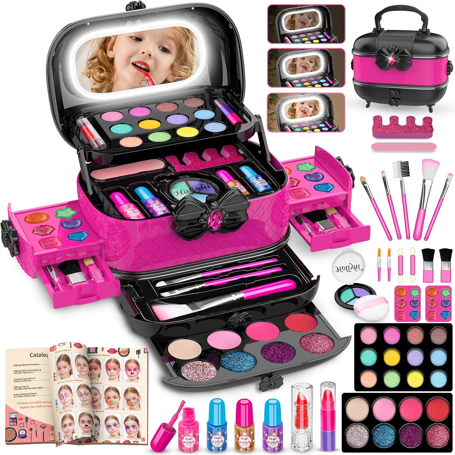 Hollyhi 58 Pcs Kids Makeup Toys Kit for Girls, Real Washable Make Up Set