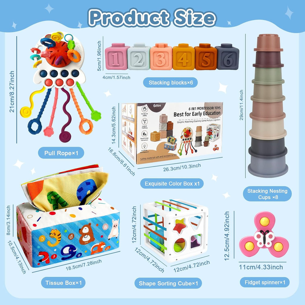 6 in 1 Montessori Baby Toys for 6-12 Months — Pull String Toy, Sensory Bin, Stacking Cups, Tissue Box, Suction Cup Spinner, Stacking Blocks, Infant Gift Set for 1-3 Year Old Boy Girls
