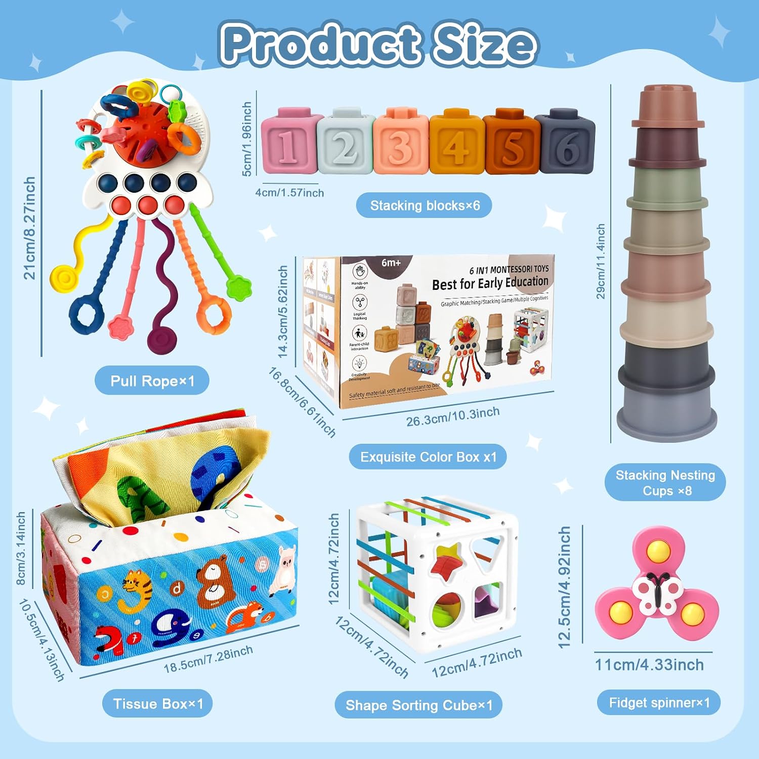 6 in 1 Montessori Baby Toys for 6-12 Months — Pull String Toy, Sensory Bin, Stacking Cups, Tissue Box, Suction Cup Spinner, Stacking Blocks, Infant Gift Set for 1-3 Year Old Boy Girls
