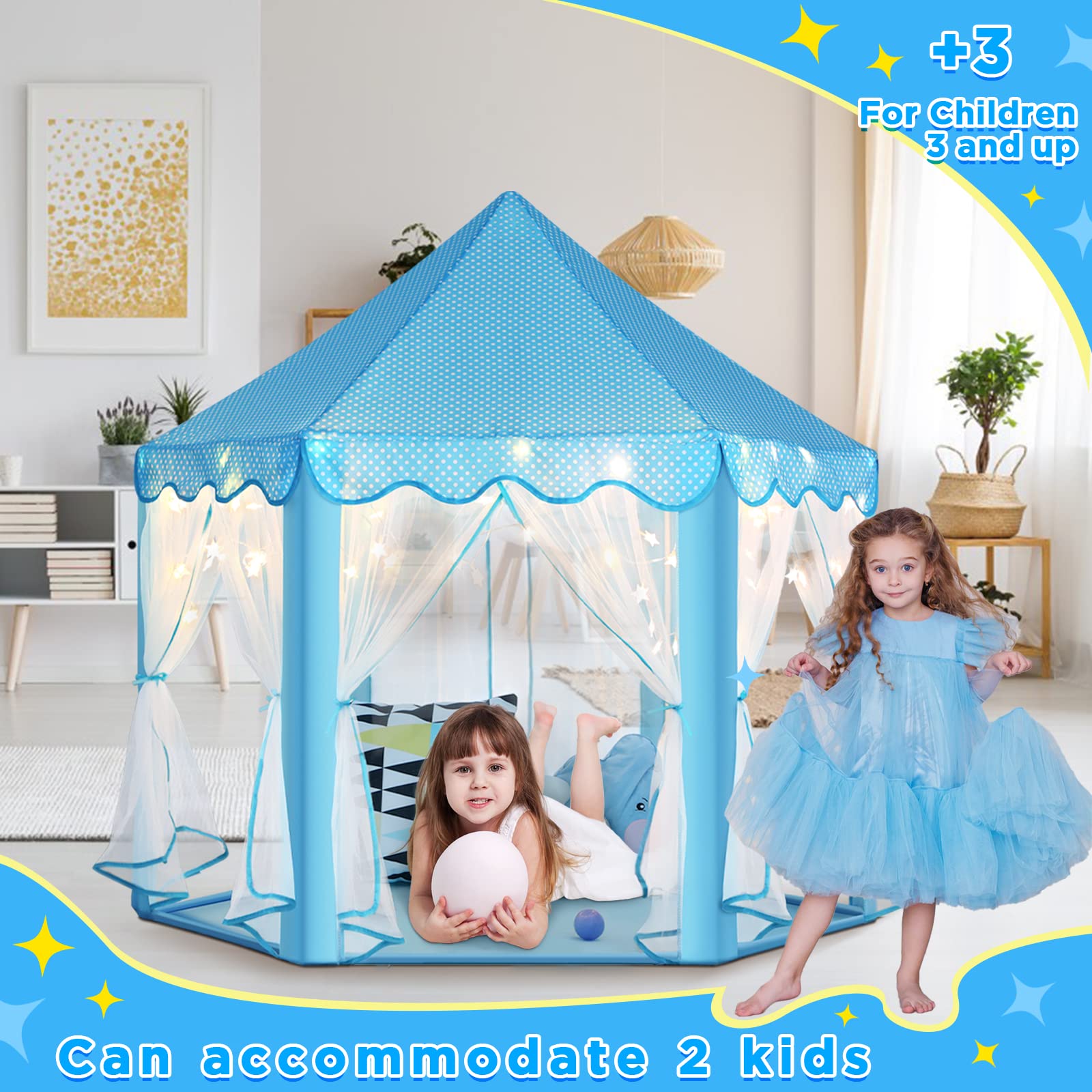 Princess Tent Girls Large Playhouse Kids Castle Play Tent with Star Lights Toy for Children Indoor and Outdoor Games, 55'' x 53'' (DxH)