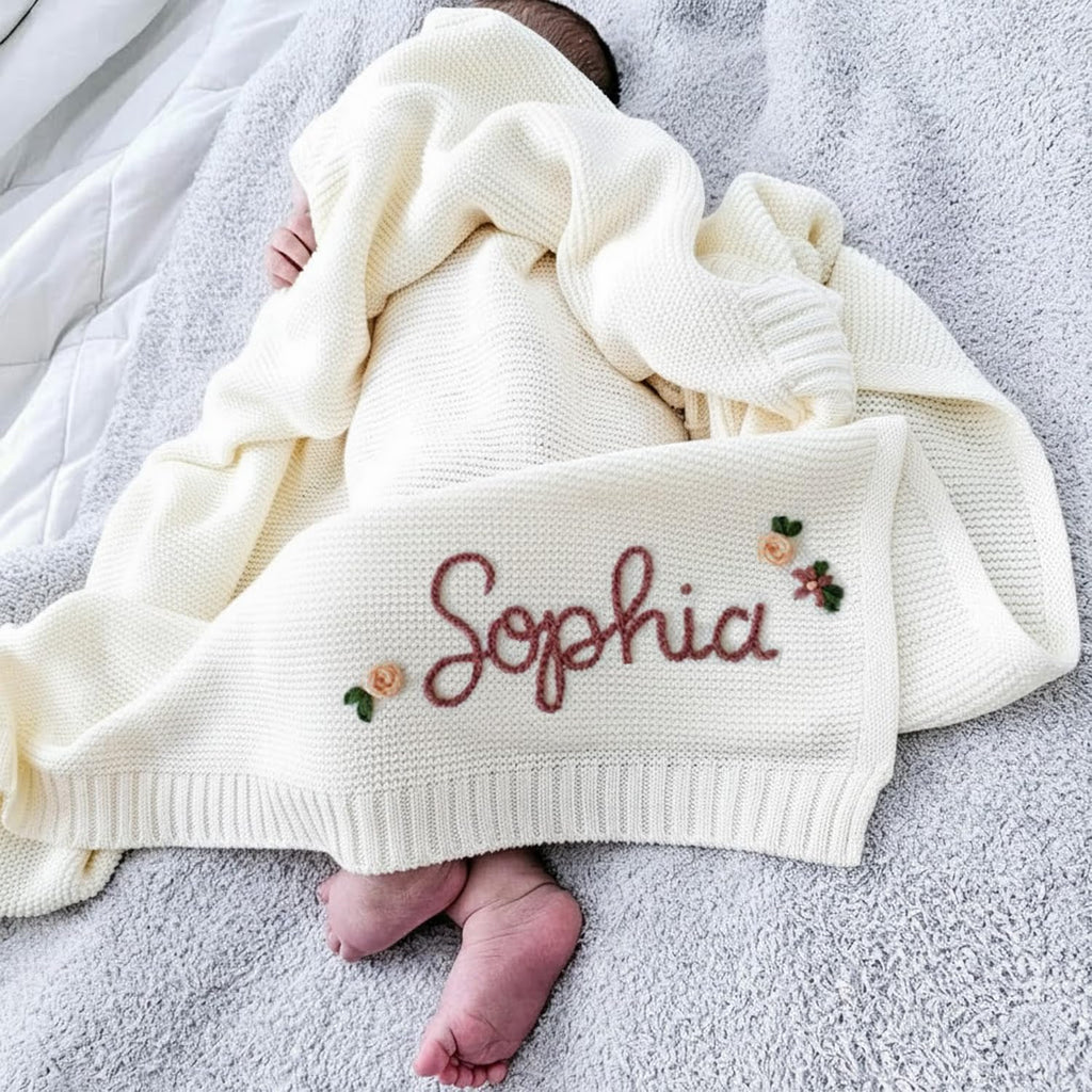 Luxury Personalized Name Baby Blanket, Hand-Embroidered Name Baby Blanket, Soft Breathable Cotton Knit Kids Blankets, Newborn Kid Gift, New Mom Gifts, Newborn Kids Girl & Boy Gift 10