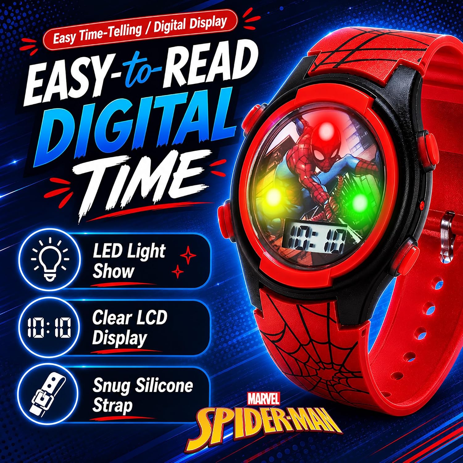 Marvel Spider-Man Kids Watches – Digital Display, Interactive Features, Adjustable Strap, Vibrant Spider-Man Graphics, Durable for Active Kids