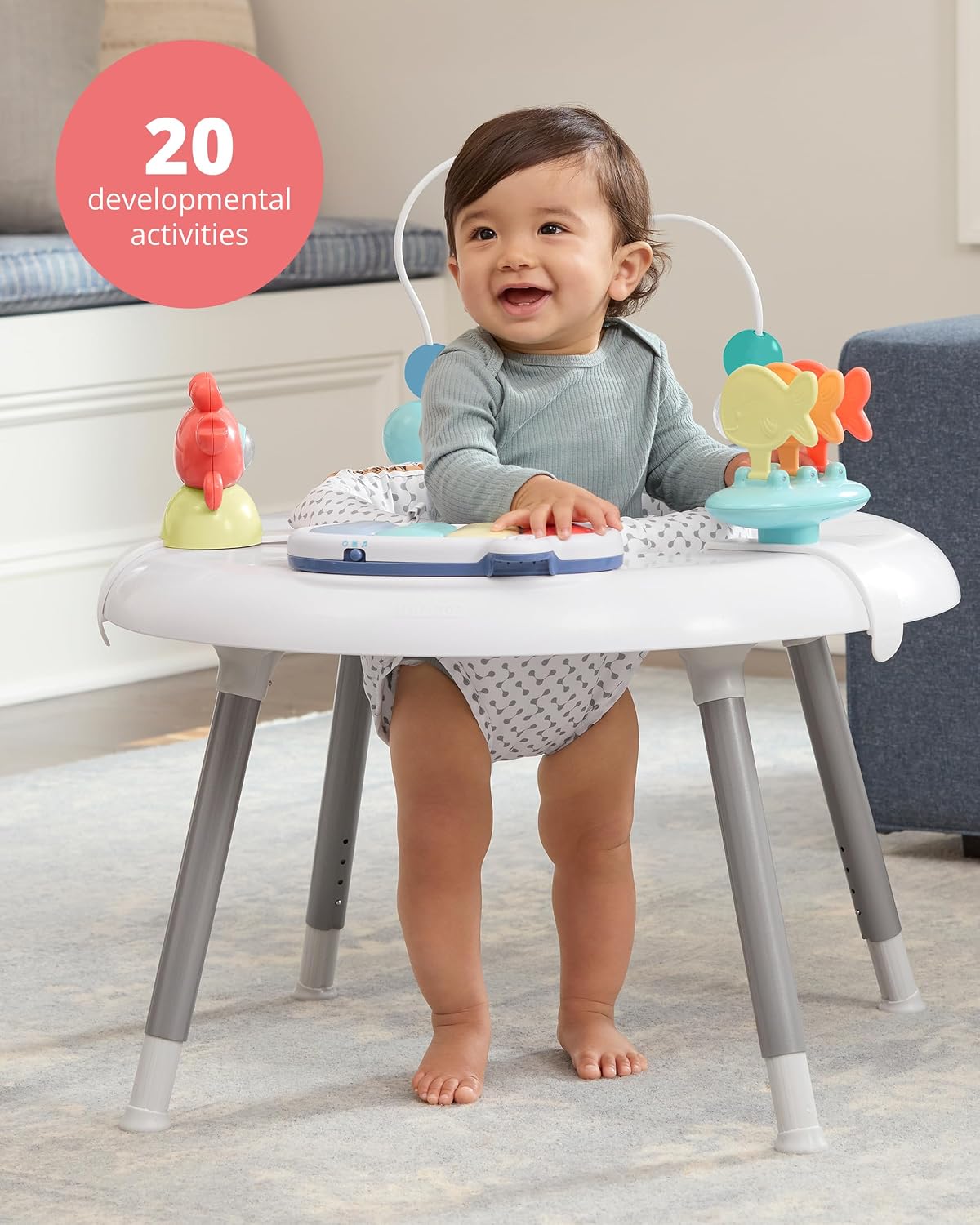 Skip Hop 2-in-1 Baby Activity Center with 20+ Developmental Activities Light-up Musical Piano for Tummy Time Play 4 Clip-on & Moveable Toys and 360-degree Rotating Seat Seascape Age 4m+