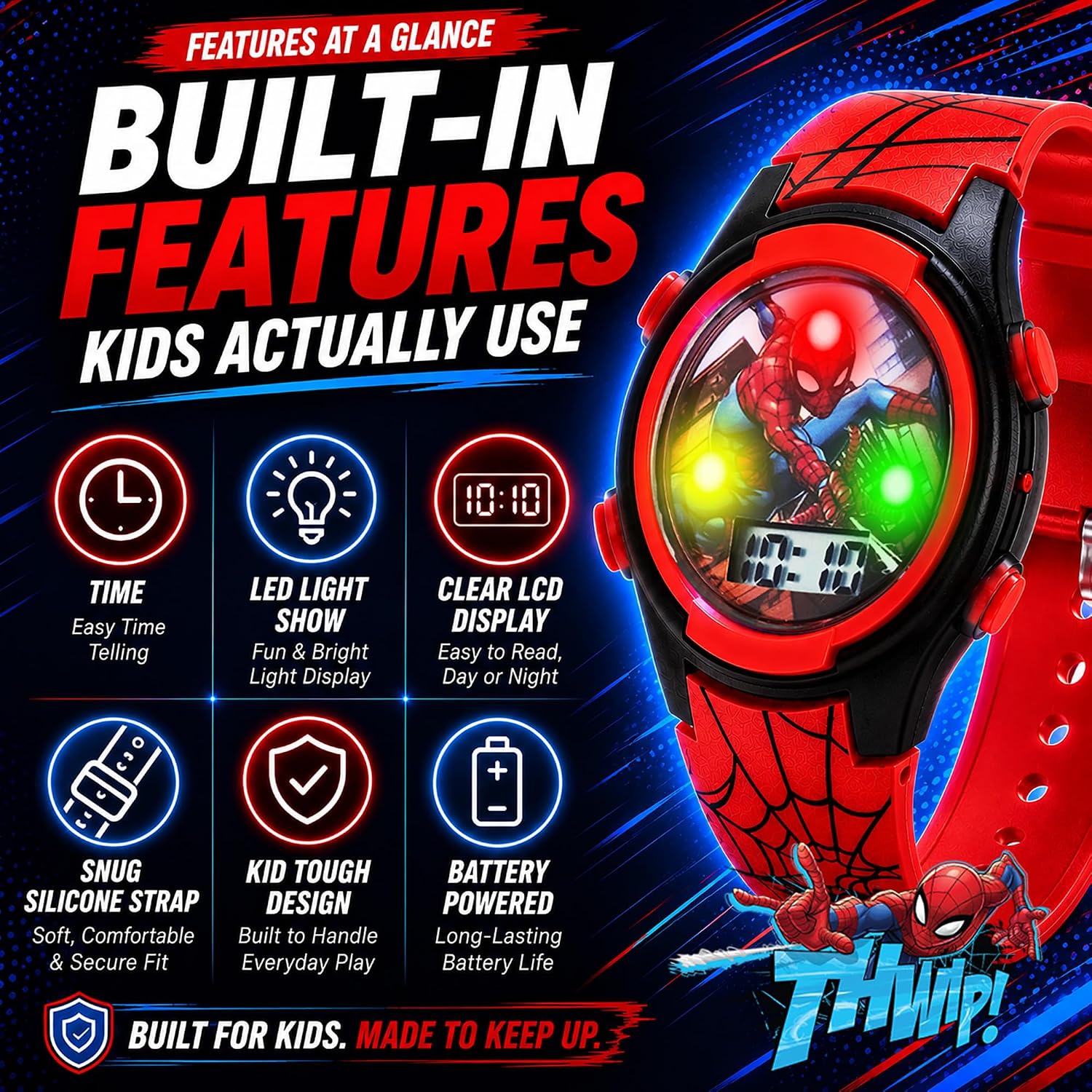 Marvel Spider-Man Kids Watches – Digital Display, Interactive Features, Adjustable Strap, Vibrant Spider-Man Graphics, Durable for Active Kids