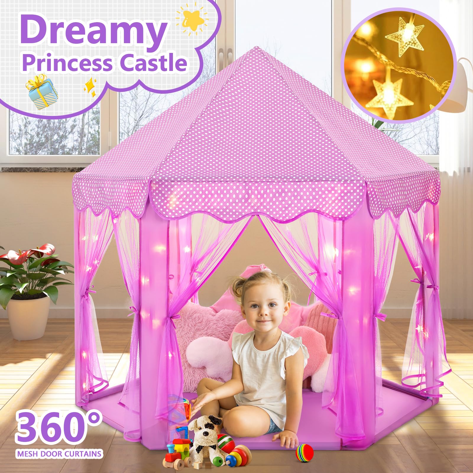 Princess Tent Girls Large Playhouse Kids Castle Play Tent with Star Lights Toy for Children Indoor and Outdoor Games, 55'' x 53'' (DxH)