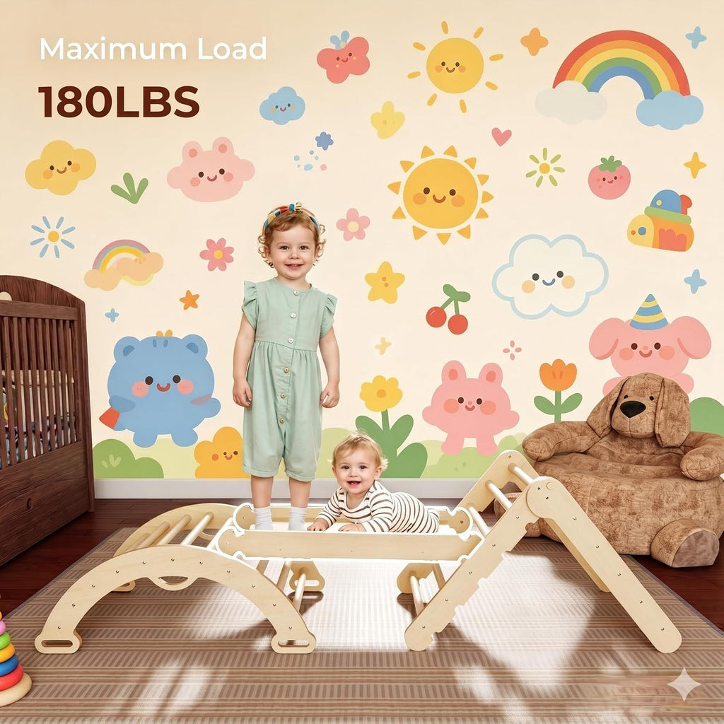 Pikler Triangle Set Montessori: Solid Wood Indoor Climbing Gym with Climbing Ramp Arch Slide for Toddlers Kids Home Playground 1-6 Years