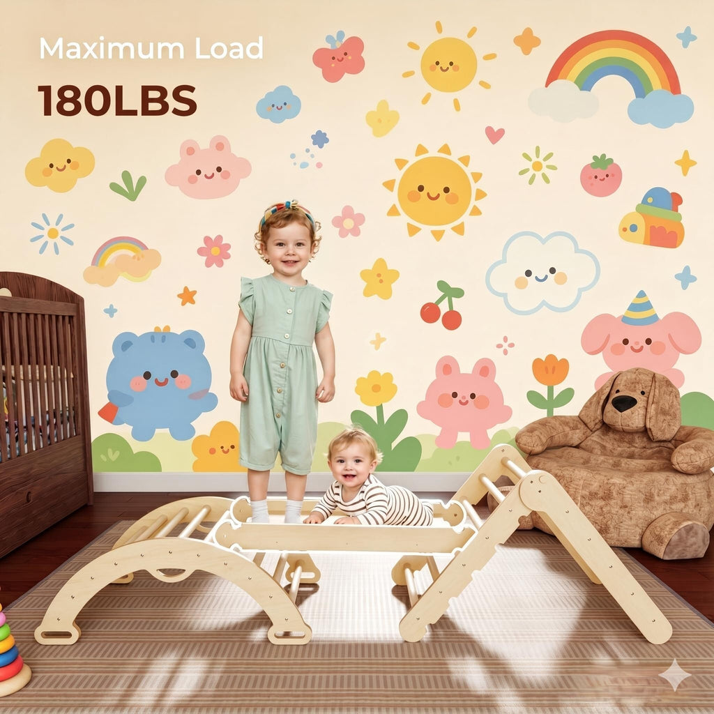 Pikler Triangle Set Montessori: Solid Wood Indoor Climbing Gym with Climbing Ramp Arch Slide for Toddlers Kids Home Playground 1-6 Years